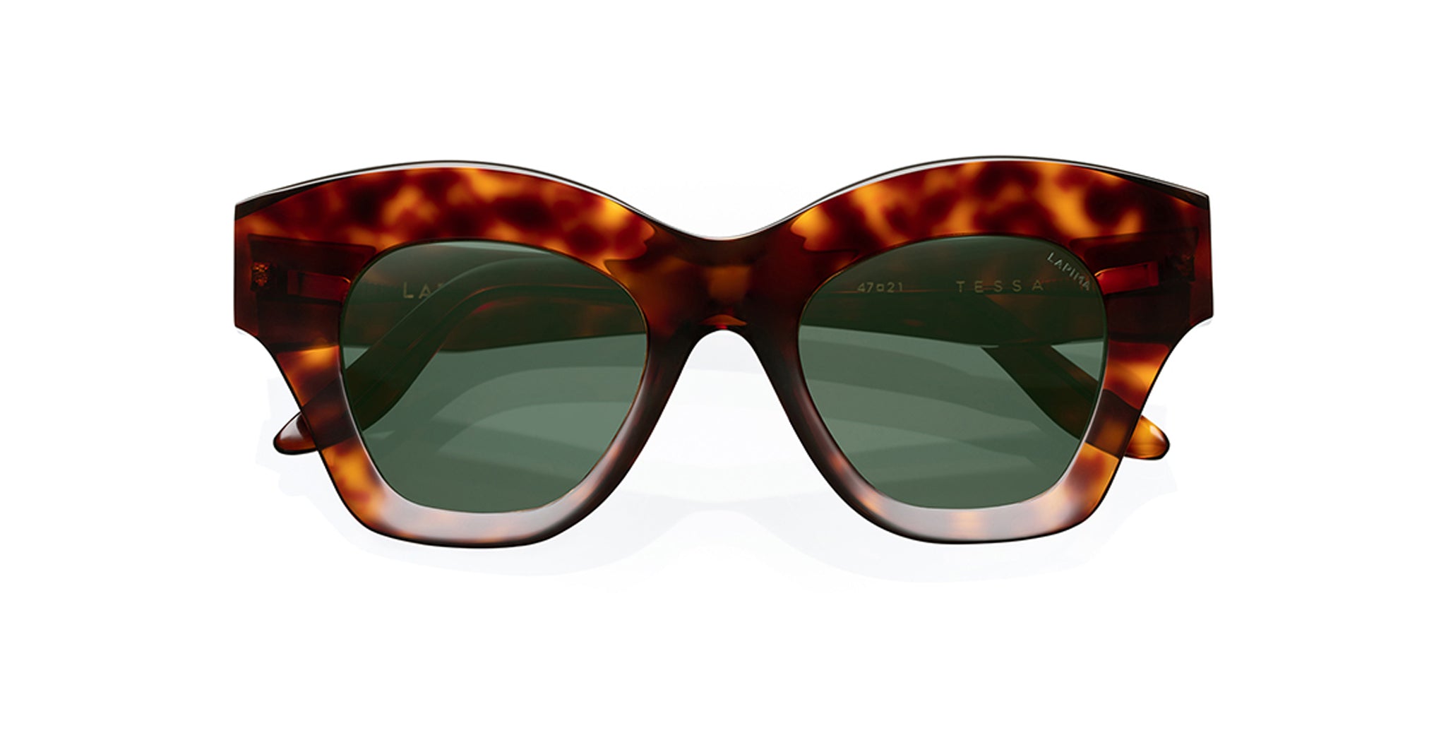 Front view of Lapima Tessa oversized cat-eye vintage sunglasses with a brown tortoiseshell frame and dark green lenses, handcrafted in Brazil, displayed against a white background.