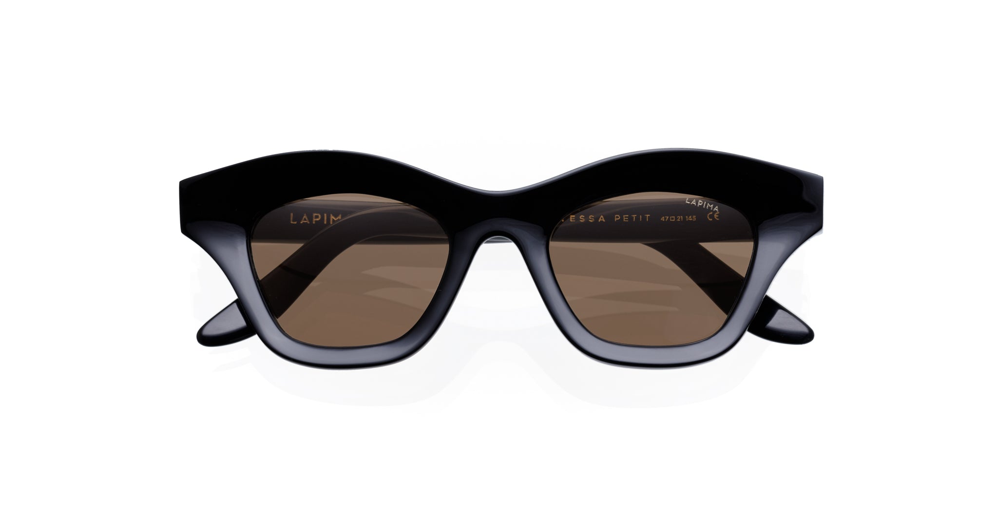 Lapima Tessa Petit black square sunglasses with thick frames and brown lenses, front view.