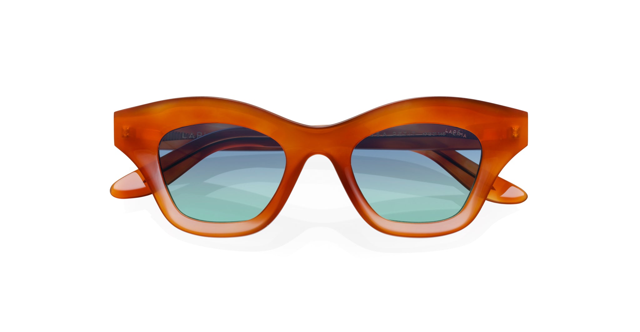 Lapima Tessa Petit sunglasses by Lapima featuring orange frames and blue-tinted lenses, shown from the front angle.