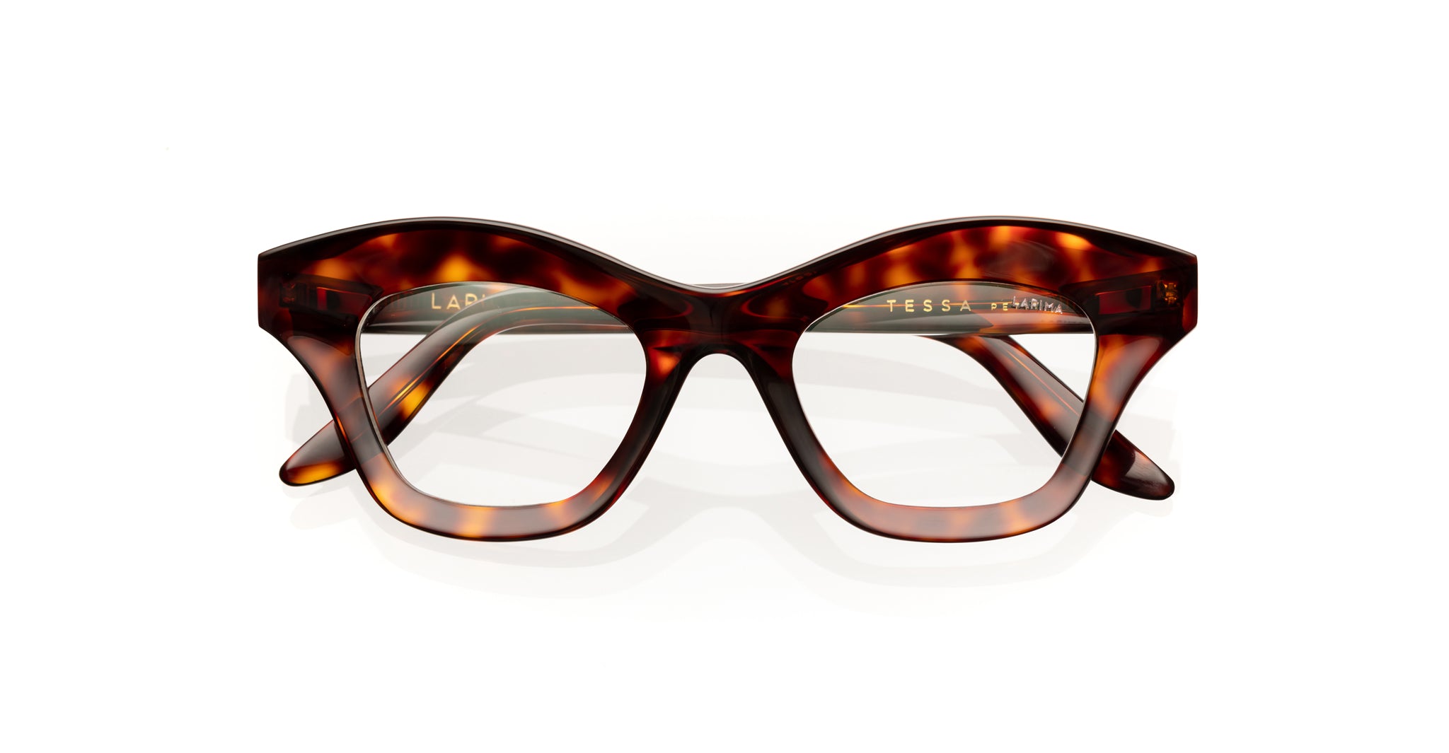 Lapima Tessa Petit cat-eye eyeglasses with thick tortoiseshell frames, front view.