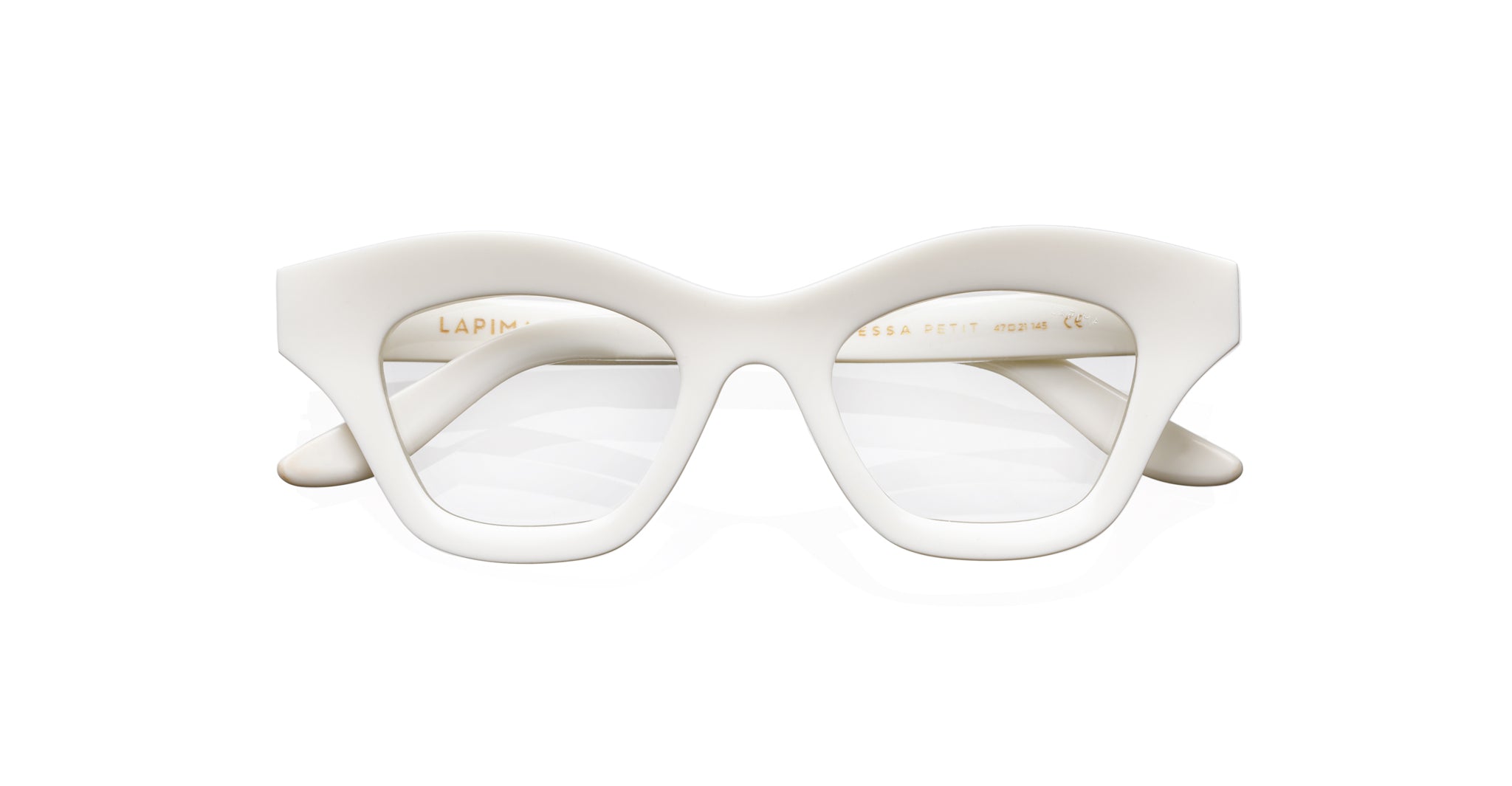 Lapima Tessa Petit eyeglasses by Lapima, white thick-rimmed frame with clear lenses, front view.