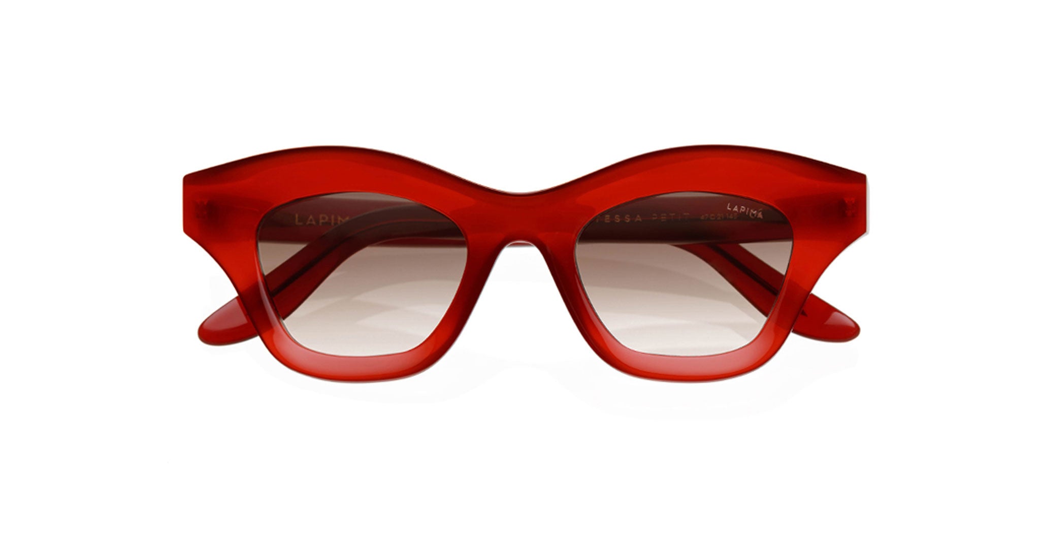 Lapima Tessa Petit red cat-eye sunglasses with thick frames and UV lenses, front view.
