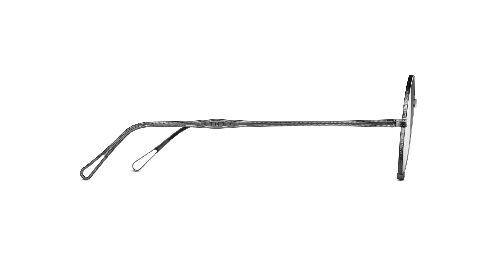 Side view of Matsuda 10601H round eyeglasses with thin, dark metal frames and straight temple arms with looped ends, displayed against a white background.