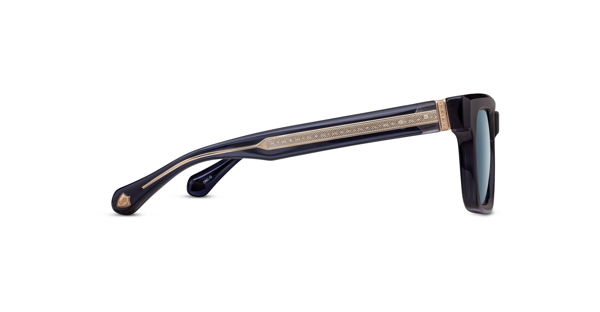 Side view of Matsuda M1033 sunglasses featuring gold arm detailing and UV protection. Brand name and model clearly visible.