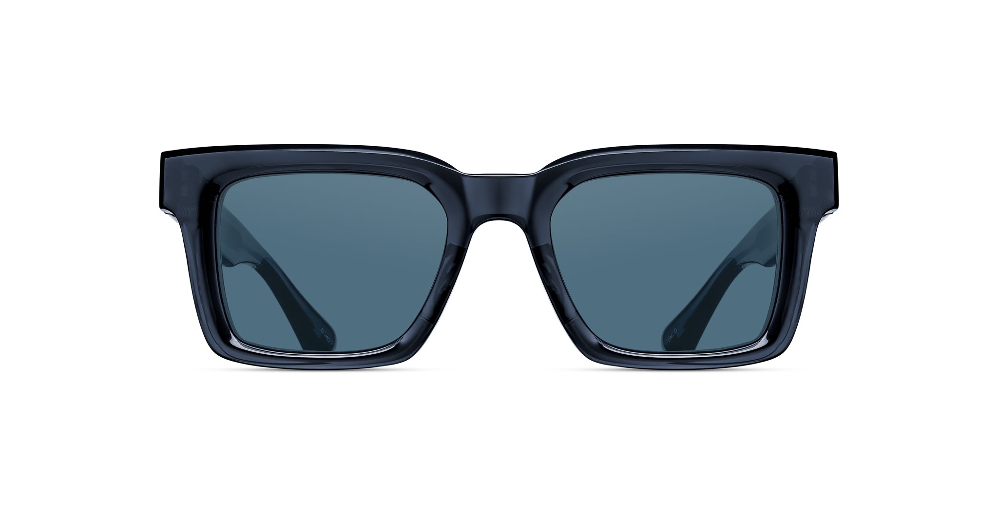 Front view of Matsuda M1033 sunglasses with dark blue thick frames and tinted lenses, product by Matsuda.