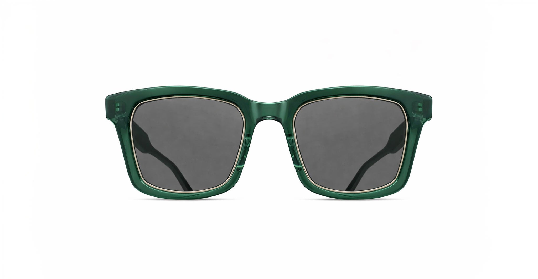 The Matsuda M1040 sunglasses feature thick, rectangular green frames and dark lenses, displayed from the front against a white background.