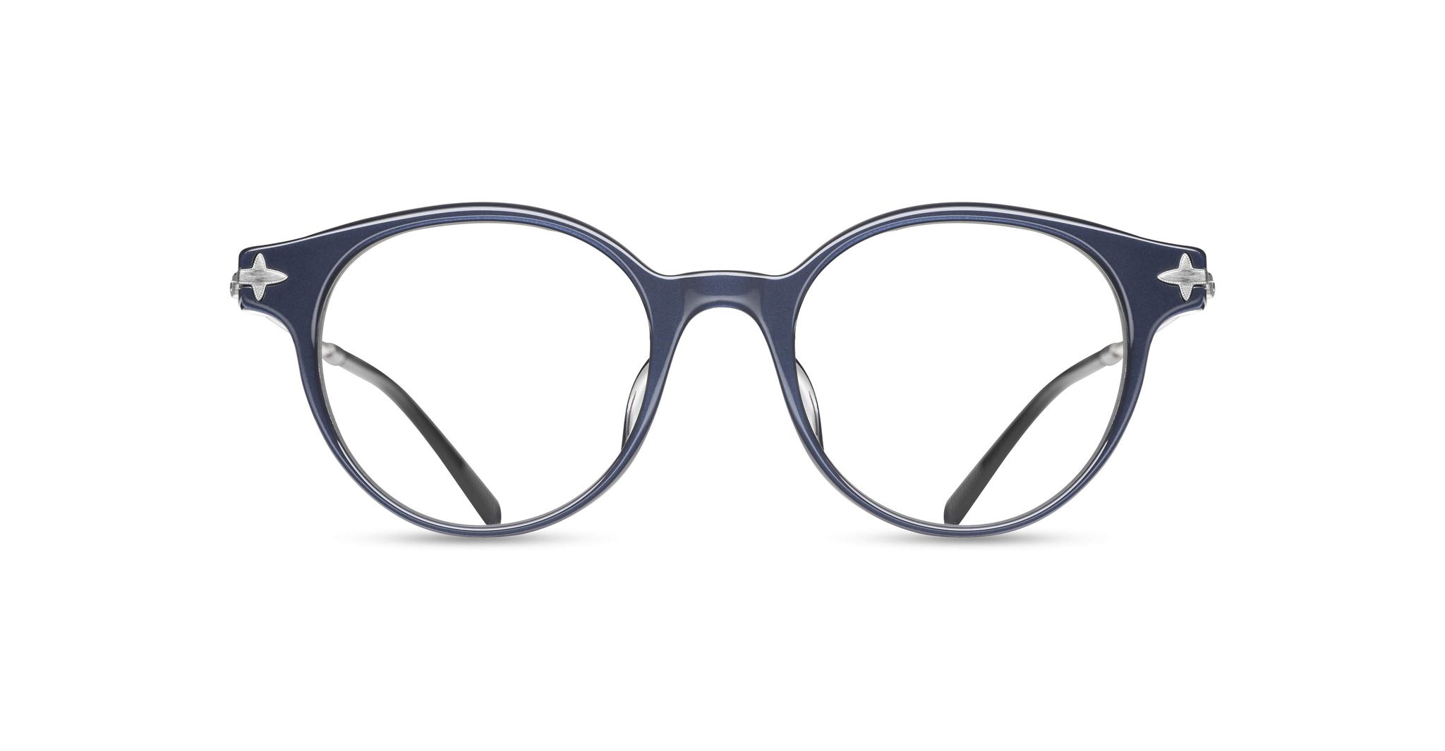 The Matsuda M2038 features round, navy blue frames with clear lenses and silver hinge accents, shown on a white background. These eyeglasses showcase a classic, vintage-inspired design.
