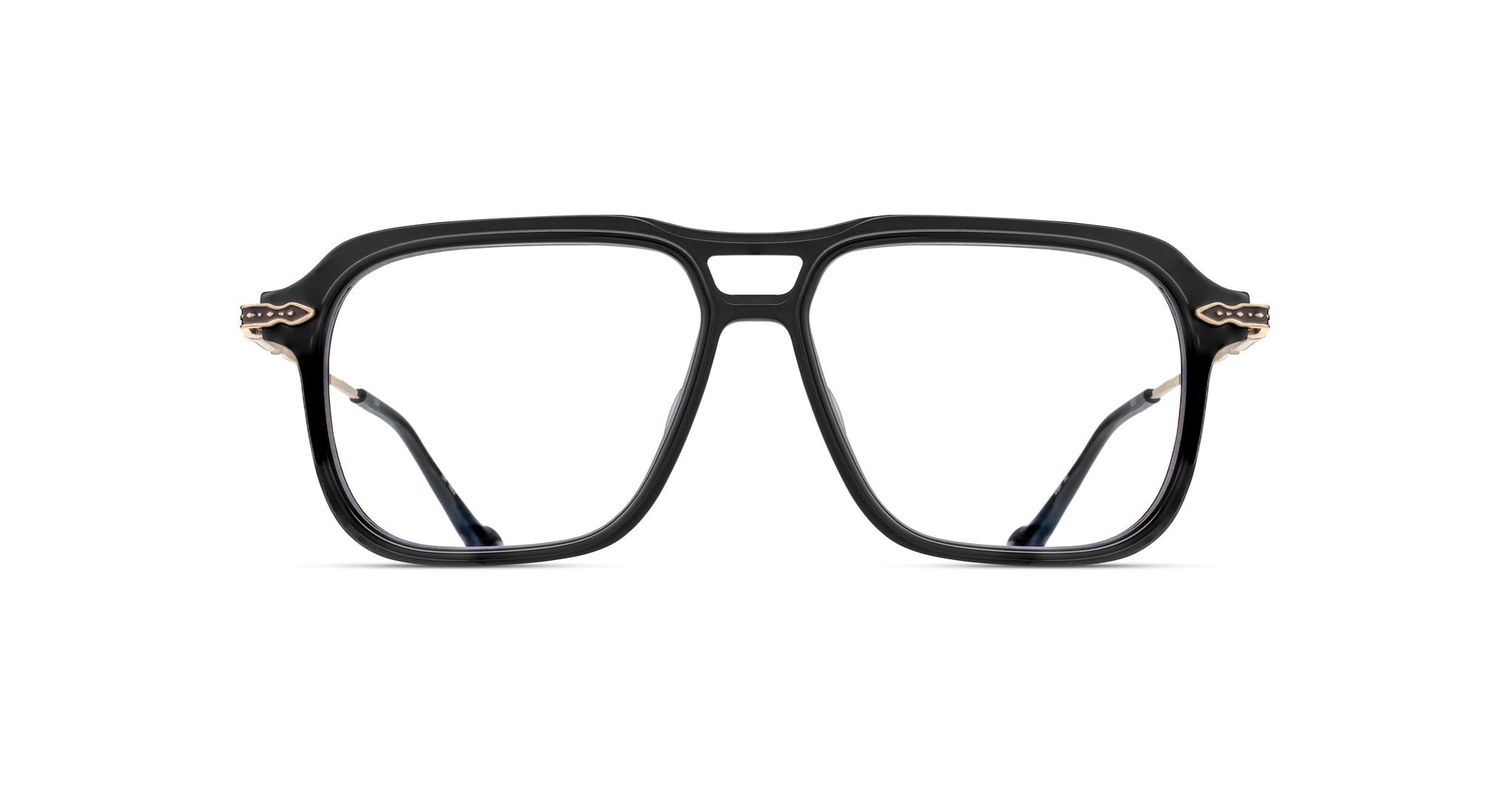 Black, oversized, rectangular eyeglasses with a thick frame and gold detailing on the hinges, shown from the front against a white background.