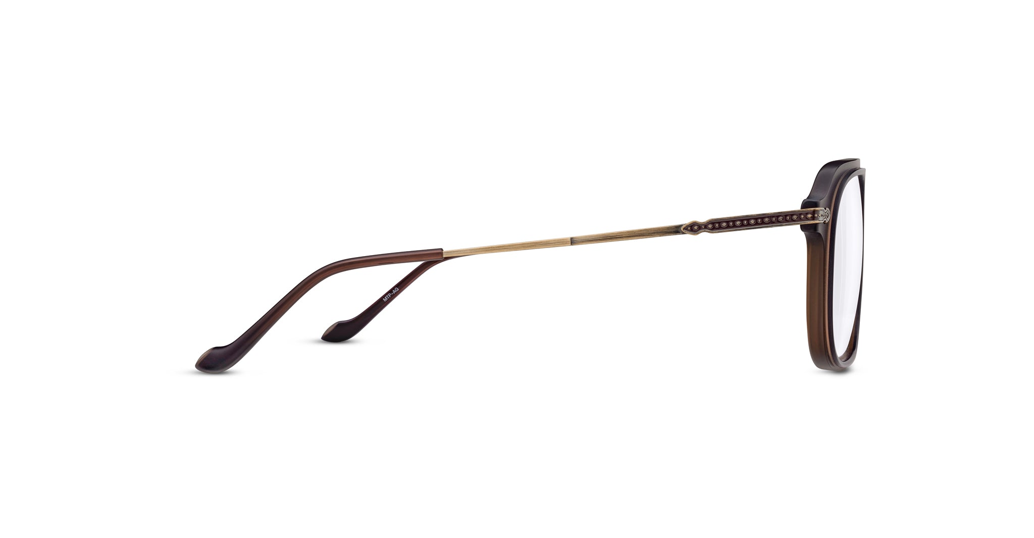 Side view of Matsuda M2062 eyeglasses with round lenses, thin gold metal arms, and brown plastic temple tips, displayed against a white background.