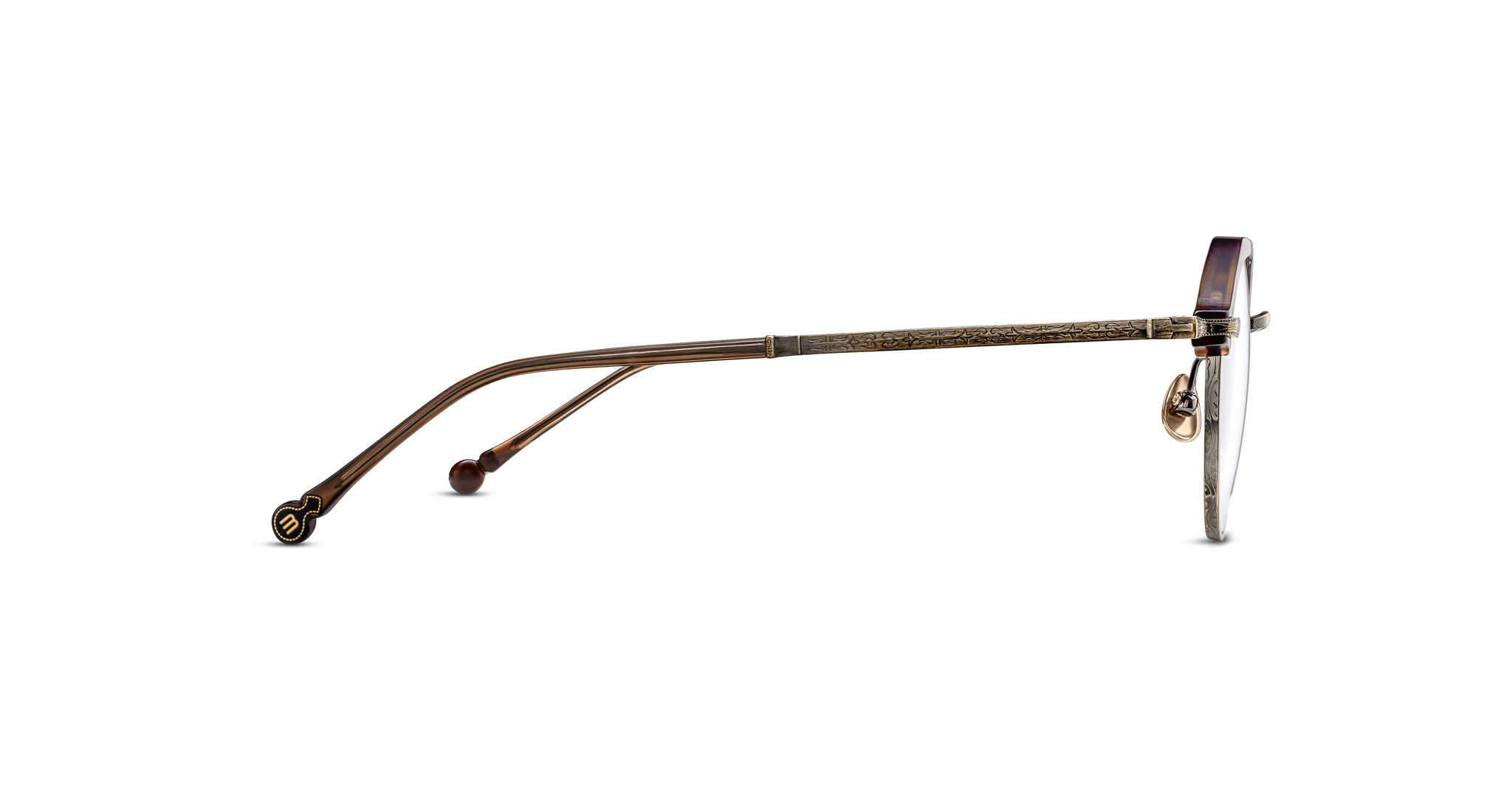 Side view of Matsuda M2064—thin metallic eyeglass frames with subtle temple engraving, clear lenses, adjustable nose pads, and curved temple tips for comfort.