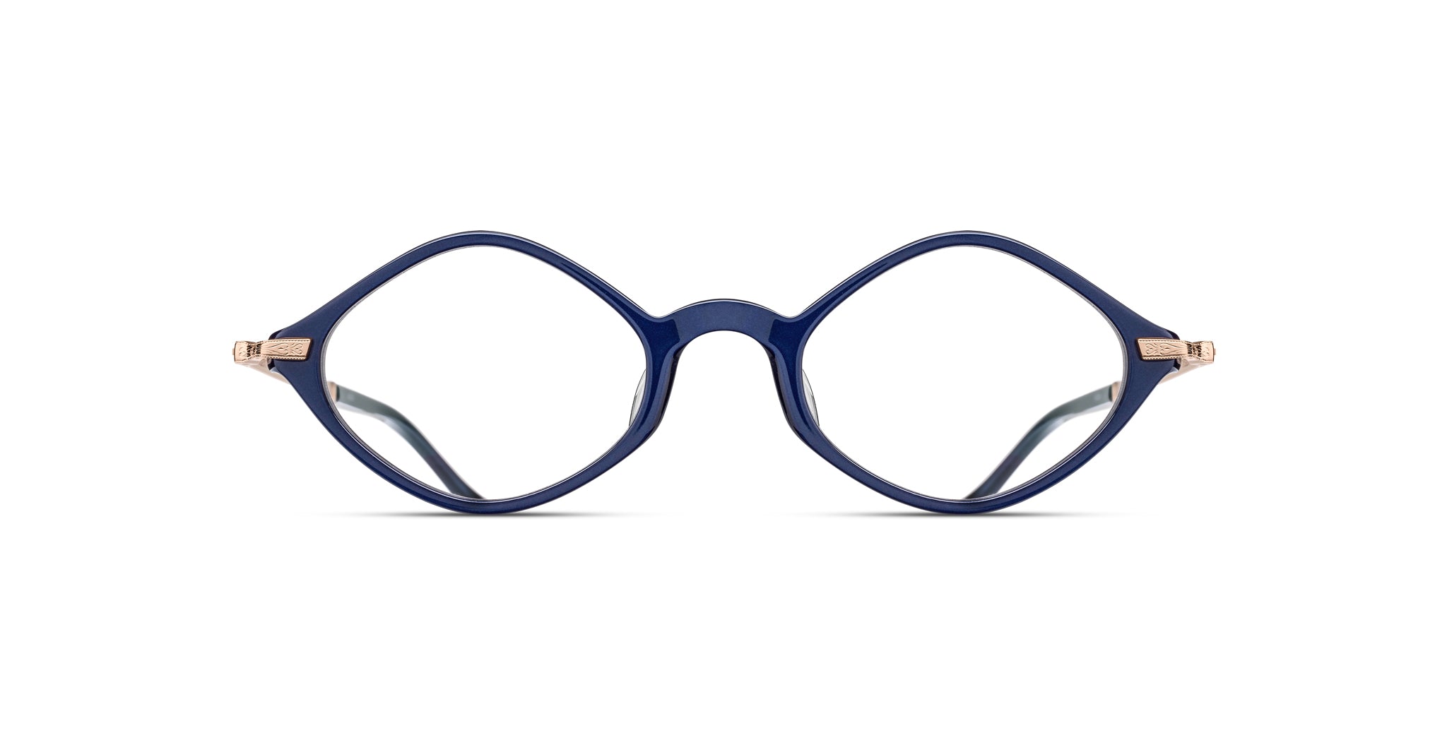 The Matsuda M2066 eyeglasses feature bold, round, dark blue frames with gold accents on the hinges, displayed against a white background.