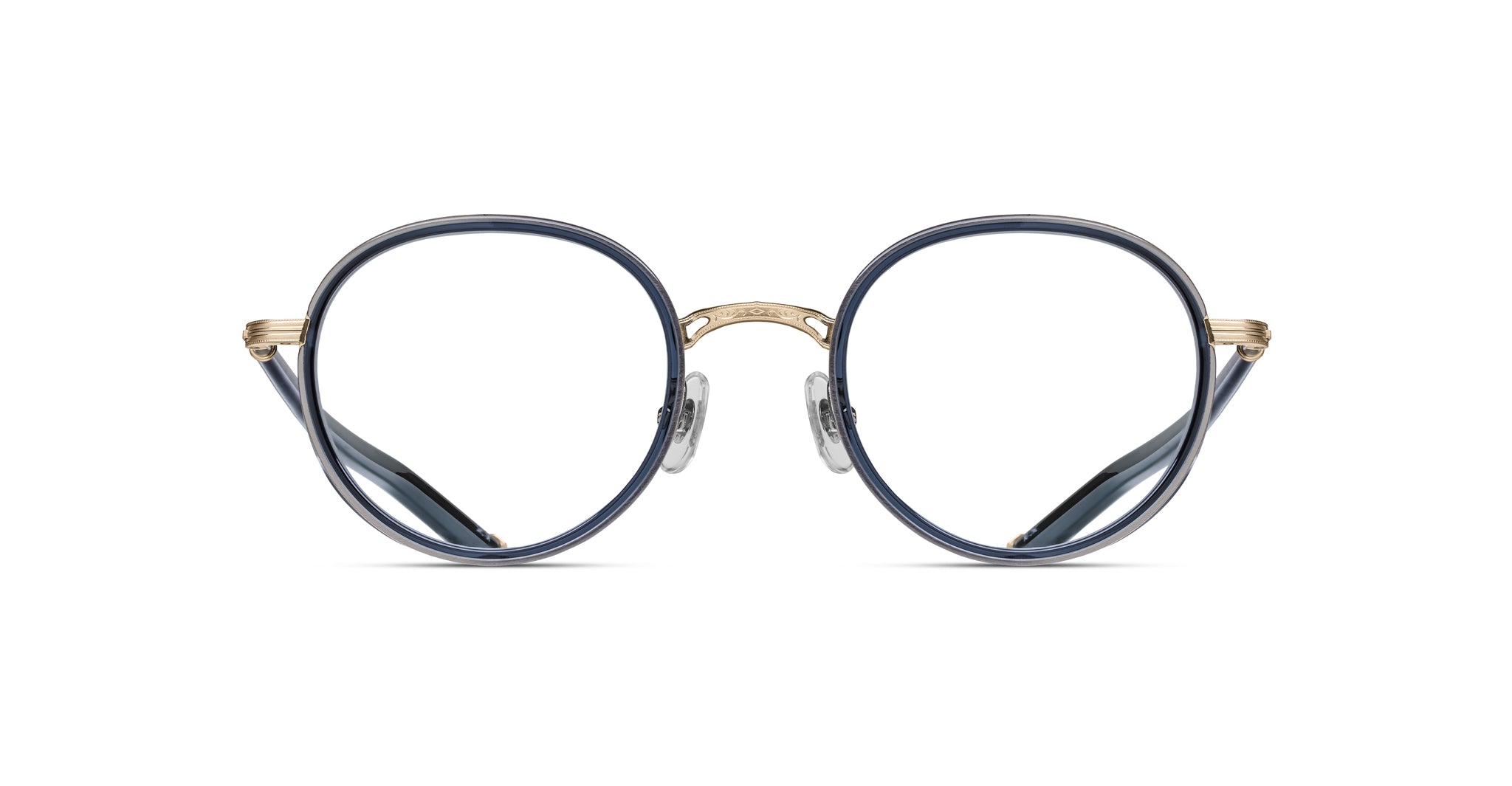 Front view of Matsuda M3134 round eyeglasses with blue frames, gold accents on the bridge and temples, and clear nose pads, displayed on a white background.