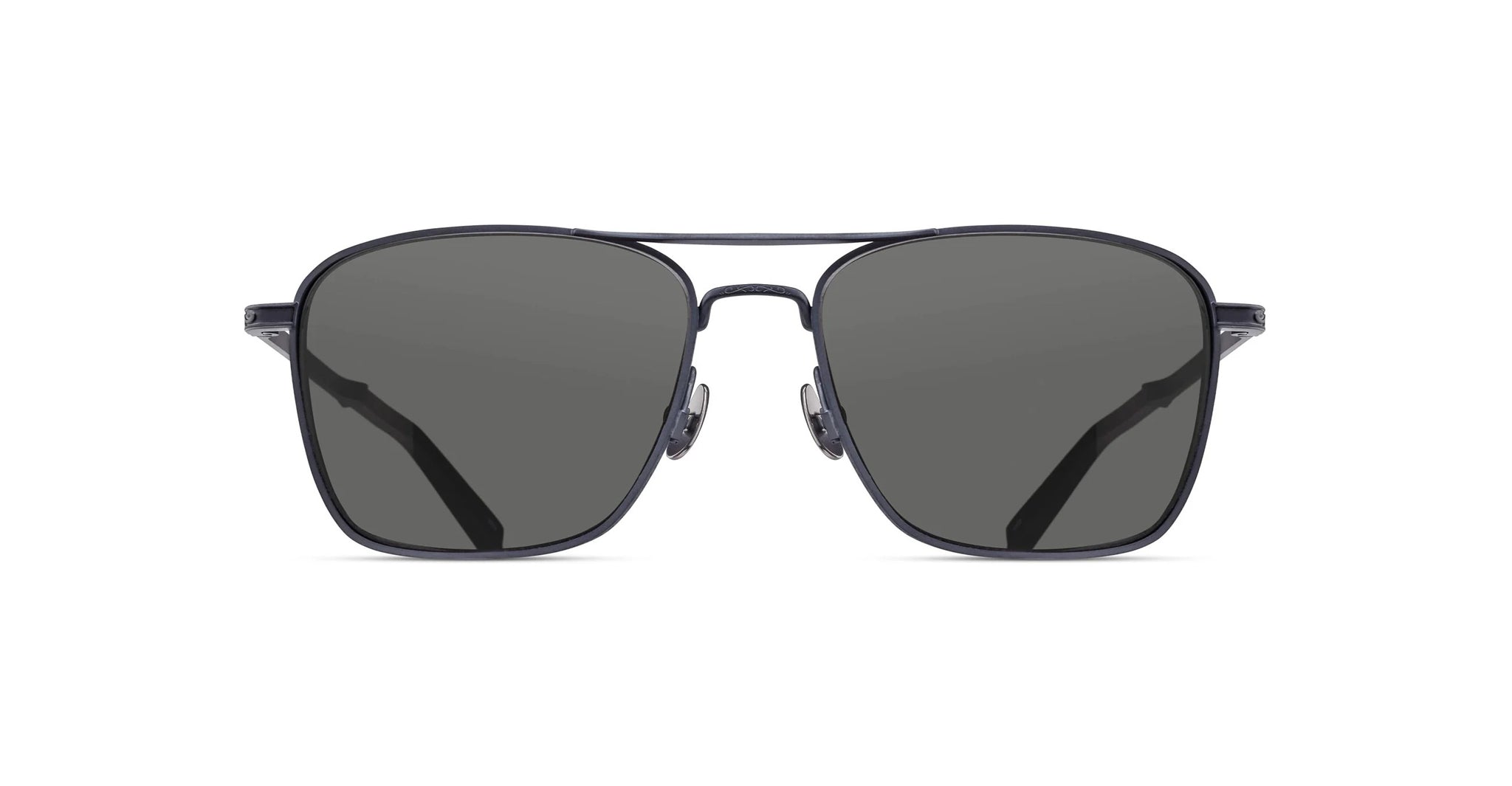 Front view of Matsuda M3135 black square-frame sunglasses with dark lenses and thin metal temples, displayed on a white background.