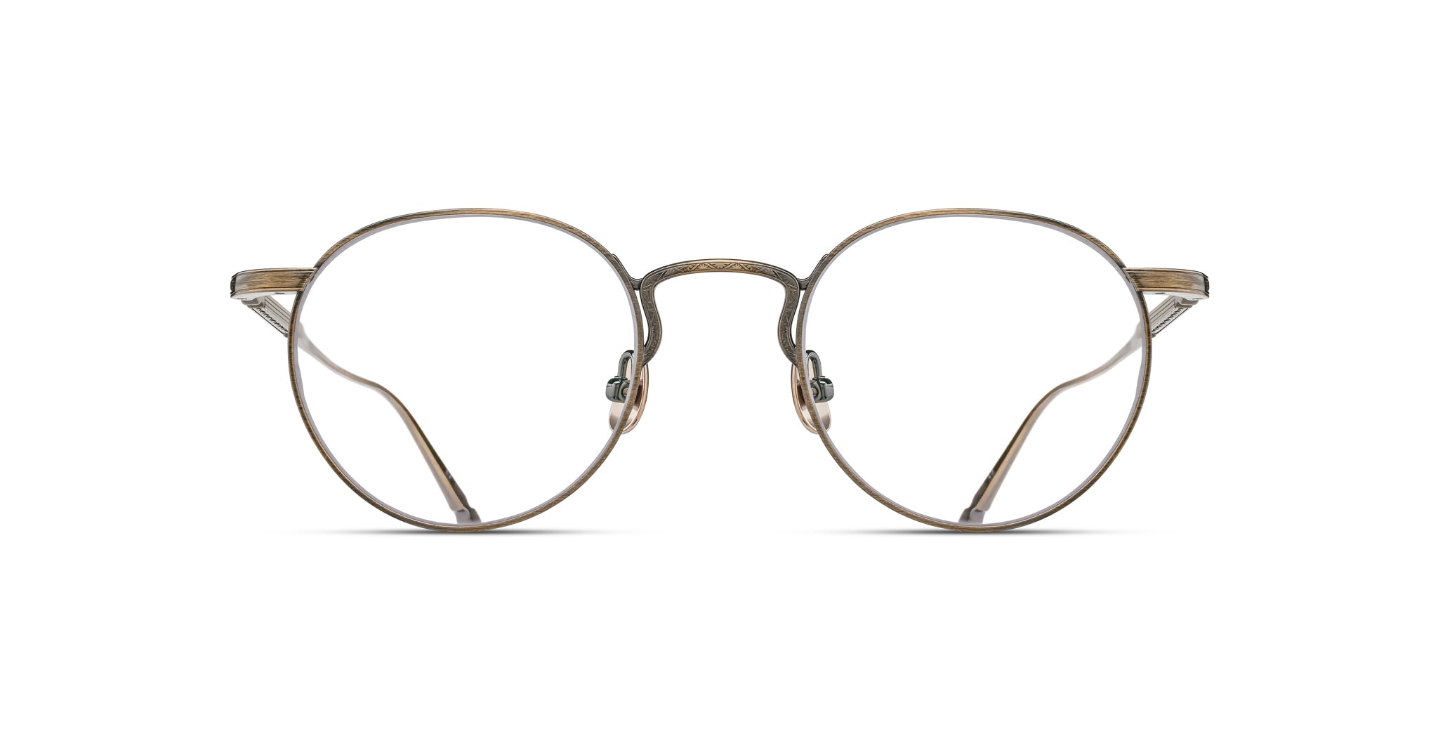 Front view of Matsuda M3140 round eyeglasses featuring thin, metallic bronze frames and clear lenses, set against a plain white background.
