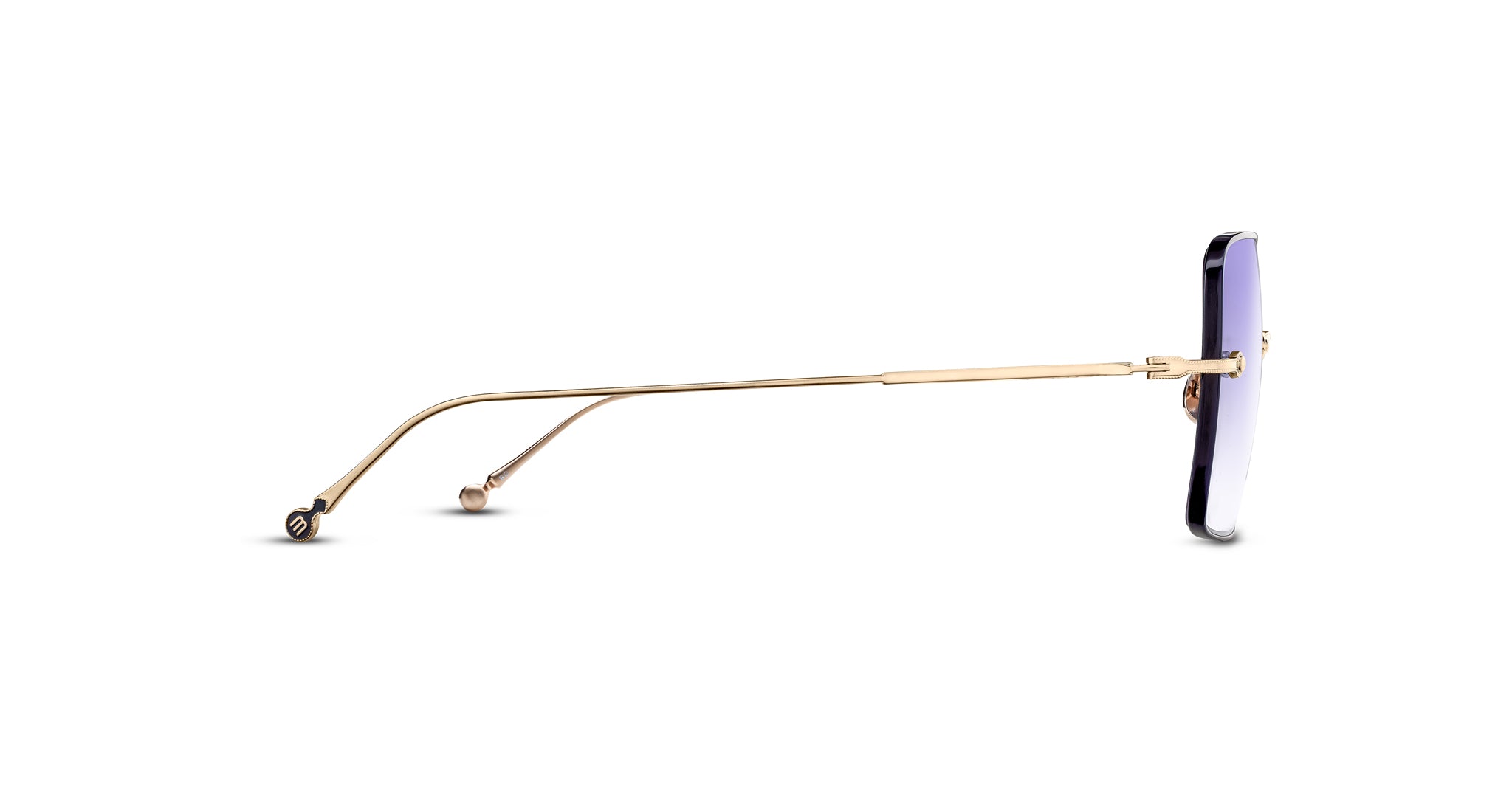 Side view of Matsuda M5005 eyeglasses featuring thin gold metal arms and rimless lenses, displayed against a white background.