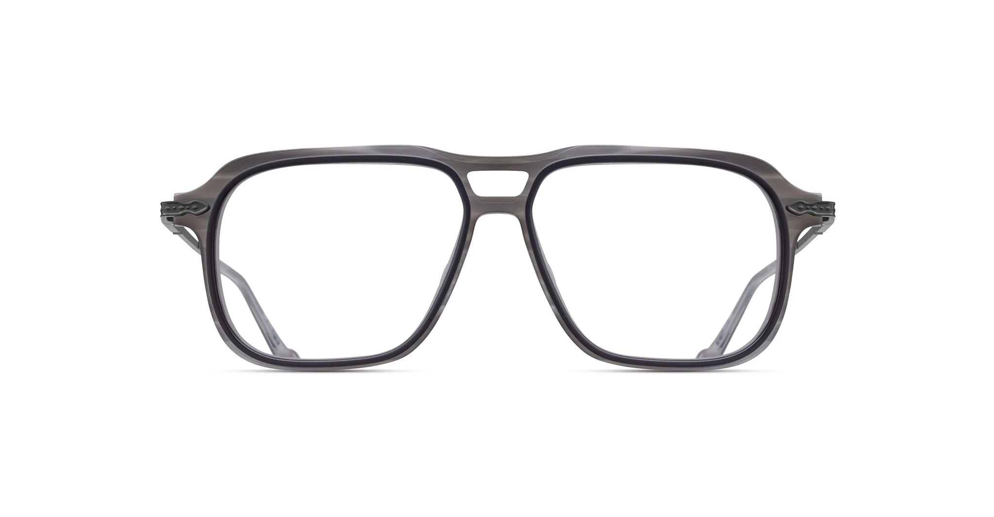 Front view of Matsuda M2062 large rectangular gray eyeglass frames featuring a double-bridge design and transparent lenses, displayed against a white background.