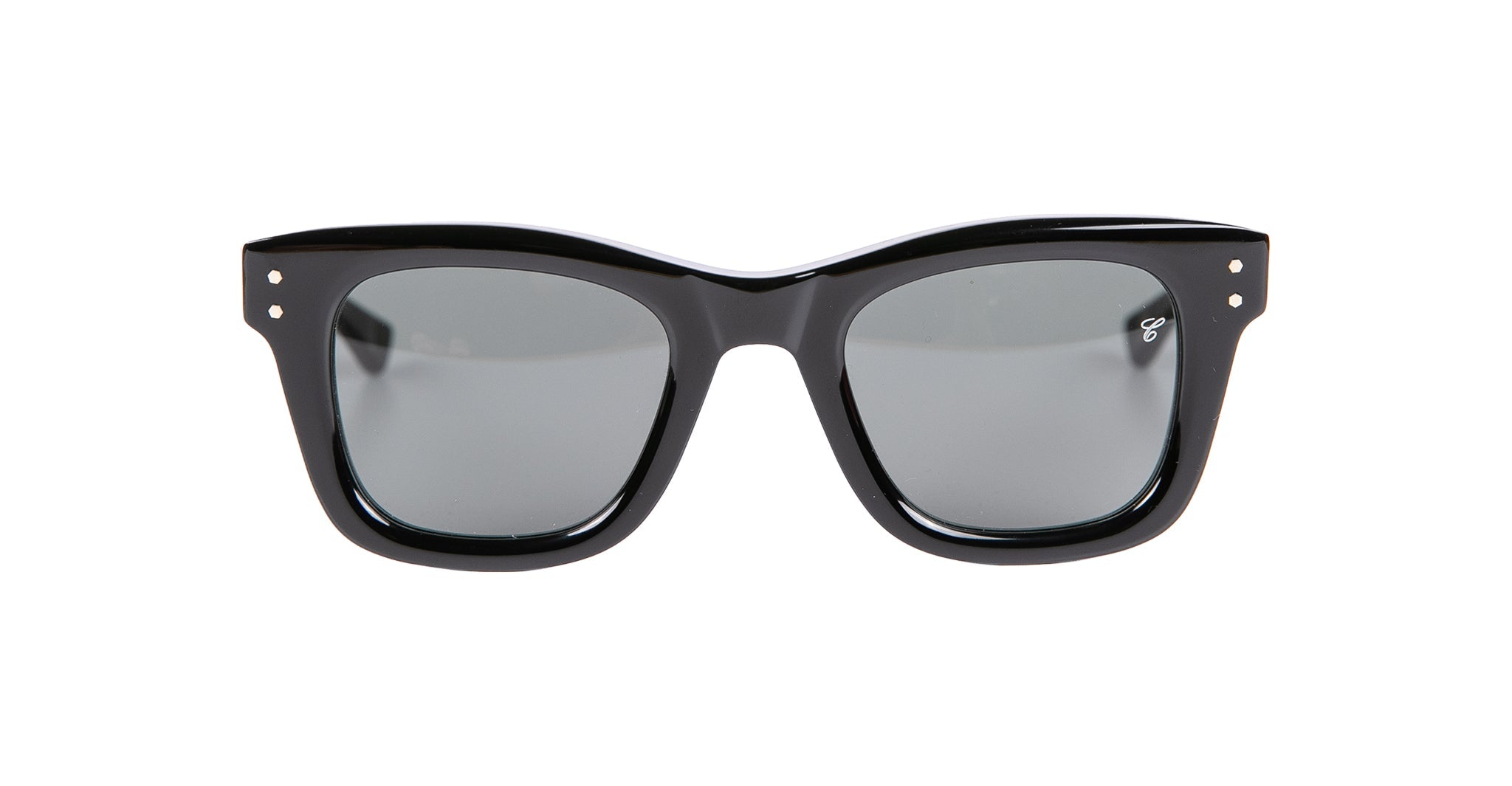 The Casinola x Native Sons “The E’s” (The Eddie) sunglasses by Native Sons feature black rectangular Wellington frames made from thick Takiron acetate with dark lenses, displayed front-facing on a white background.