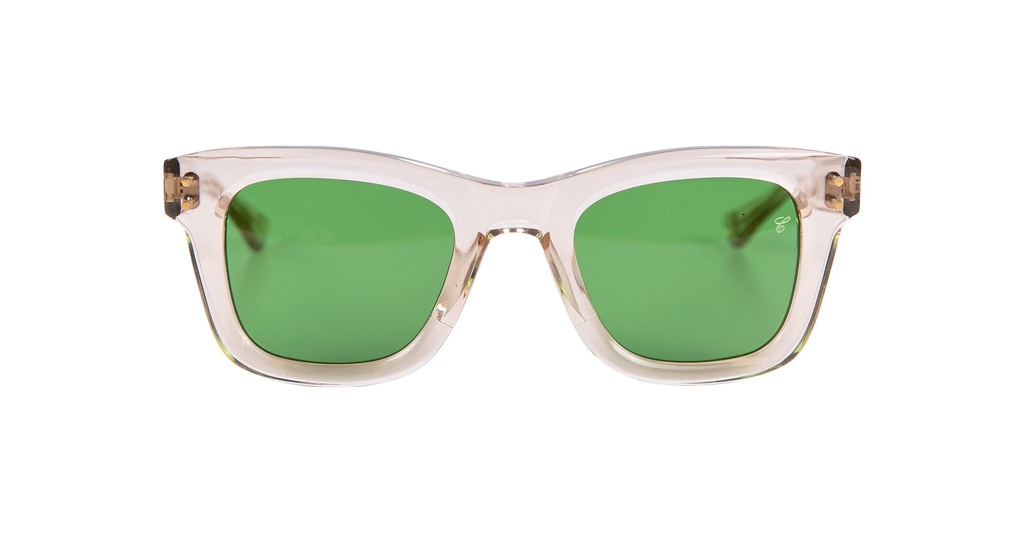 The Casinola x Native Sons “The E’s” (The Eddie) by Native Sons are rectangular Wellington glasses, handmade in Japan with translucent beige Takiron acetate frames and green-tinted lenses, shown face-forward on a white background.