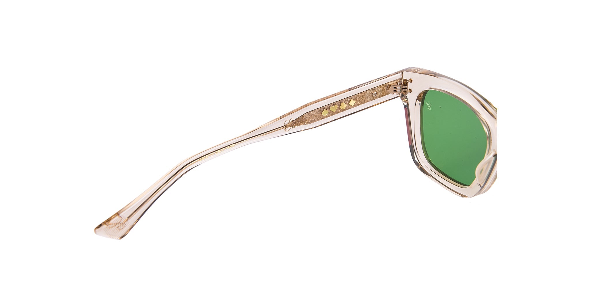 Native Sons Casinola x Native Sons “The E’s” (The Eddie) sunglasses in beige transparent Takiron acetate with green-tinted lenses, displayed from a side view on a white background.