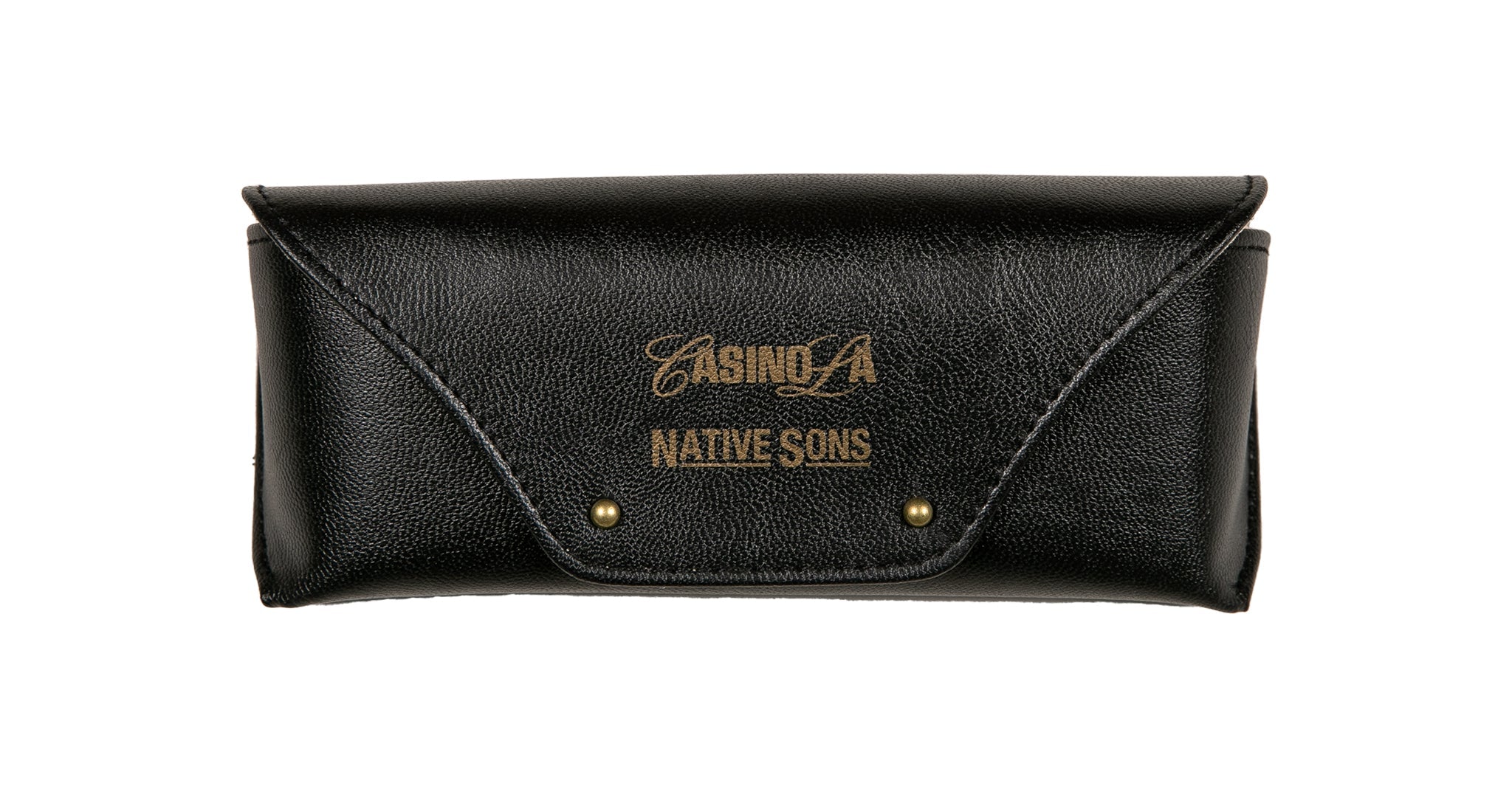 The Casinola x Native Sons “The E’s” (The Eddie) by Native Sons is a black leather eyeglass case with gold Casino LA and Native Sons logos, two metal snap buttons—perfect for handmade Japanese Wellington sunglasses.