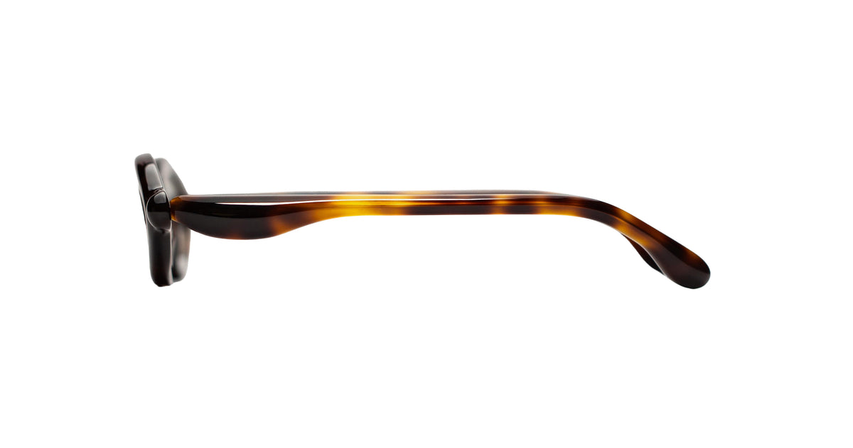Paloceras D2 cateye sunglasses in Havana Gold, a dark tortoise frame with warm amber highlights and blue-gray lenses, side view
