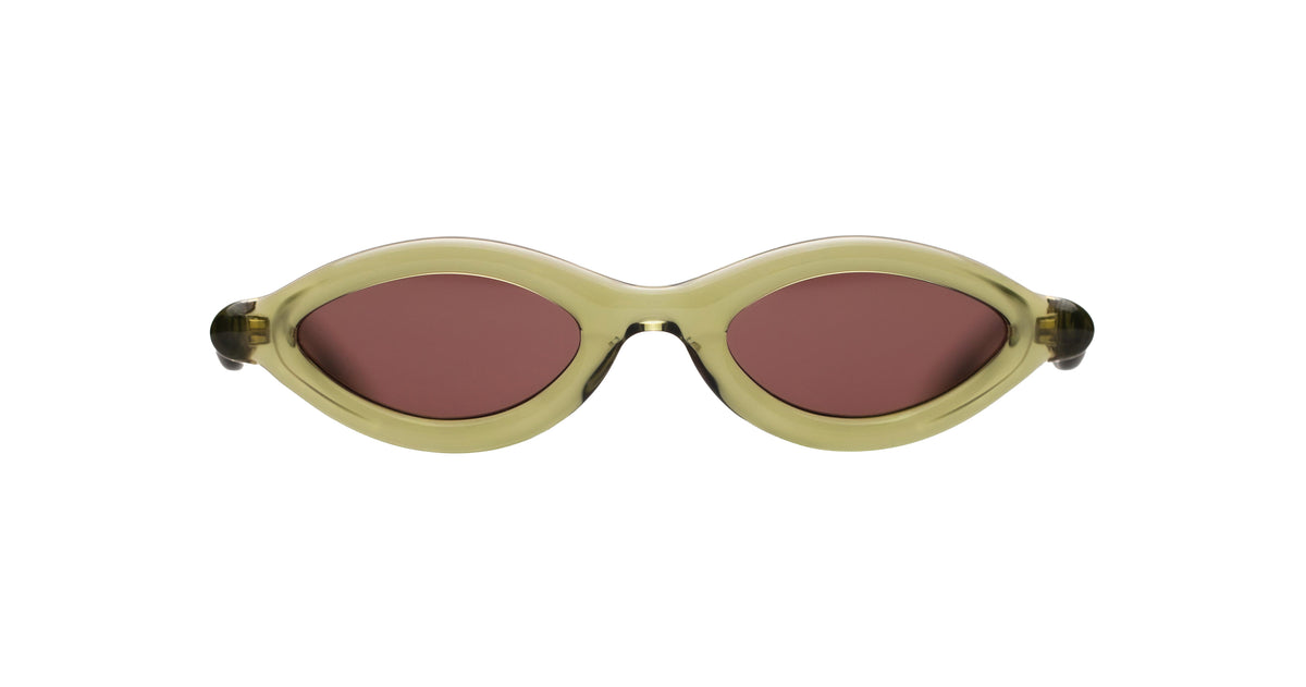 Paloceras D2 cateye sunglasses in Mossy Gloss, a translucent mossy yellow-green frame with muted rose lenses, front view