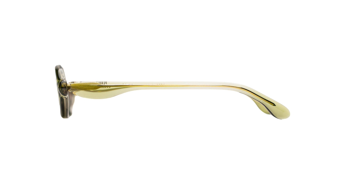 Paloceras D2 oval sunglasses in Mossy Gloss, a translucent mossy yellow-green frame with muted rose lenses, side view