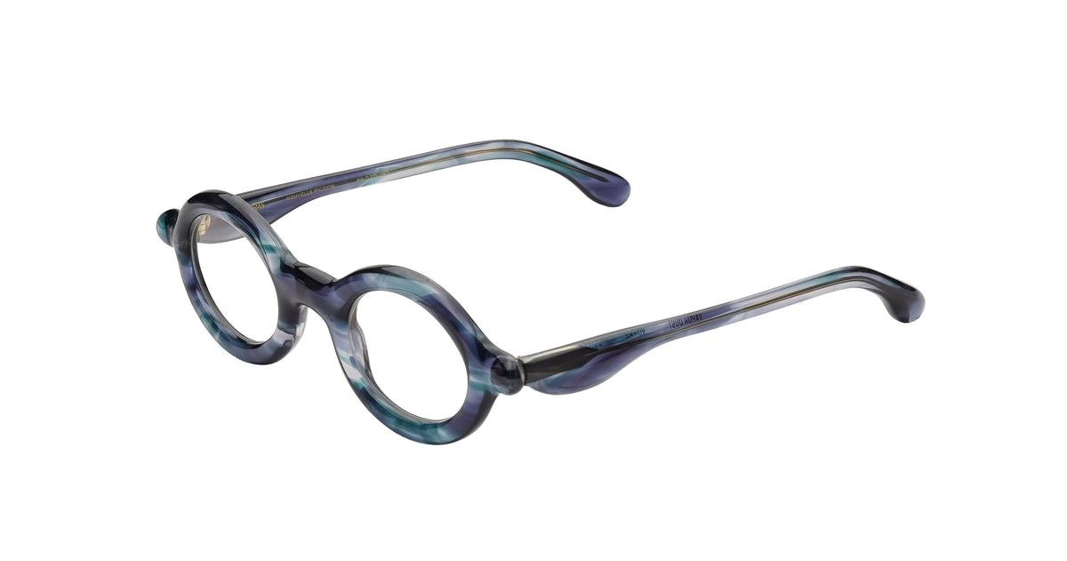 Paloceras R2 oval optical eyeglasses in Vapor Dust, a marbled blue, teal and smoky gray acetate, angled view