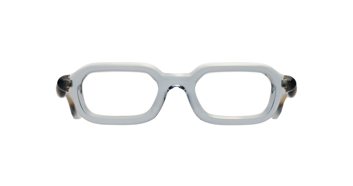 Paloceras S2 rectangular optical eyeglasses in Liquid Blue, a translucent pale blue frame, front view