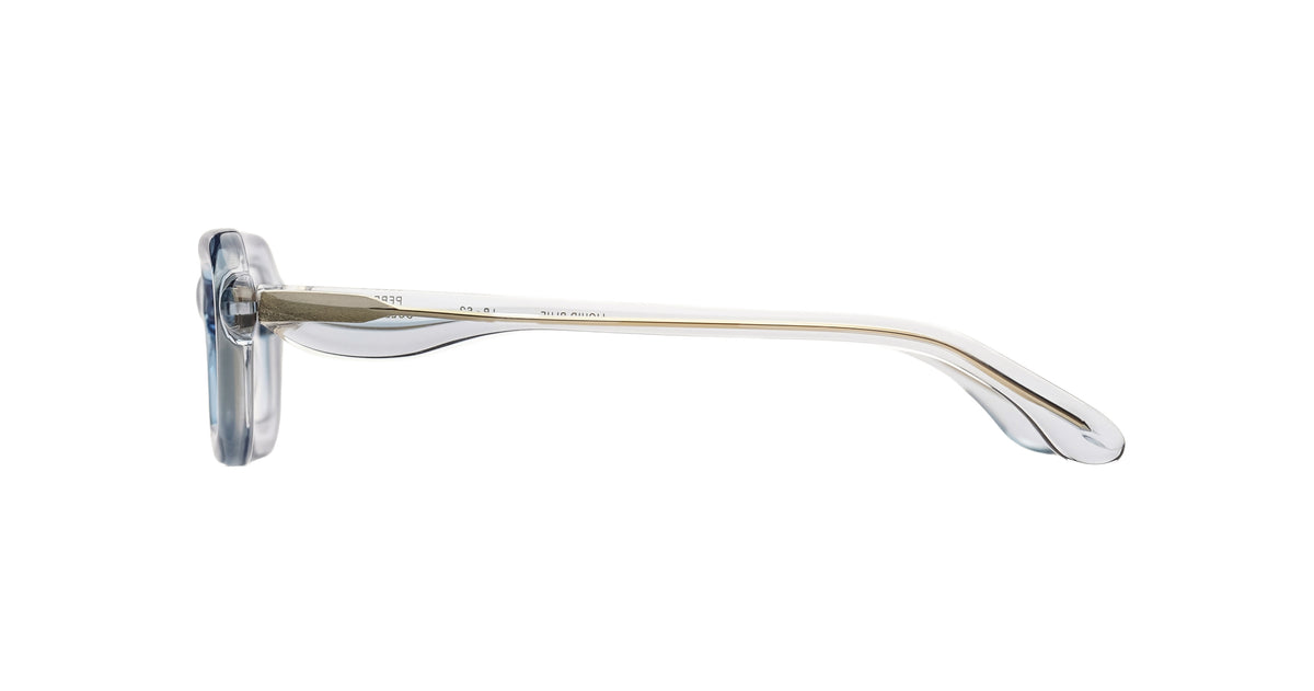 Paloceras S2 rectangular optical eyeglasses in Liquid Blue, a translucent pale blue frame, side view