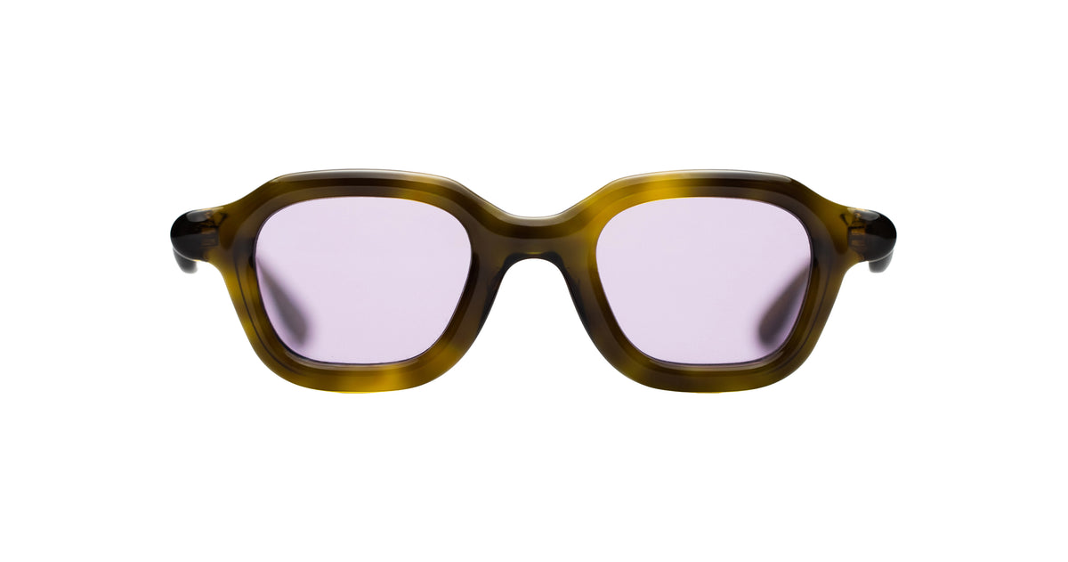 A pair of square Paloceras sunglasses with a translucent olive-brown acetate frame and light purple tinted lenses.