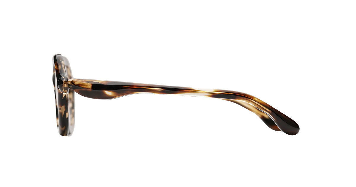 Side profile of a pair of Paloceras glasses with a tortoiseshell pattern in brown, black, and amber