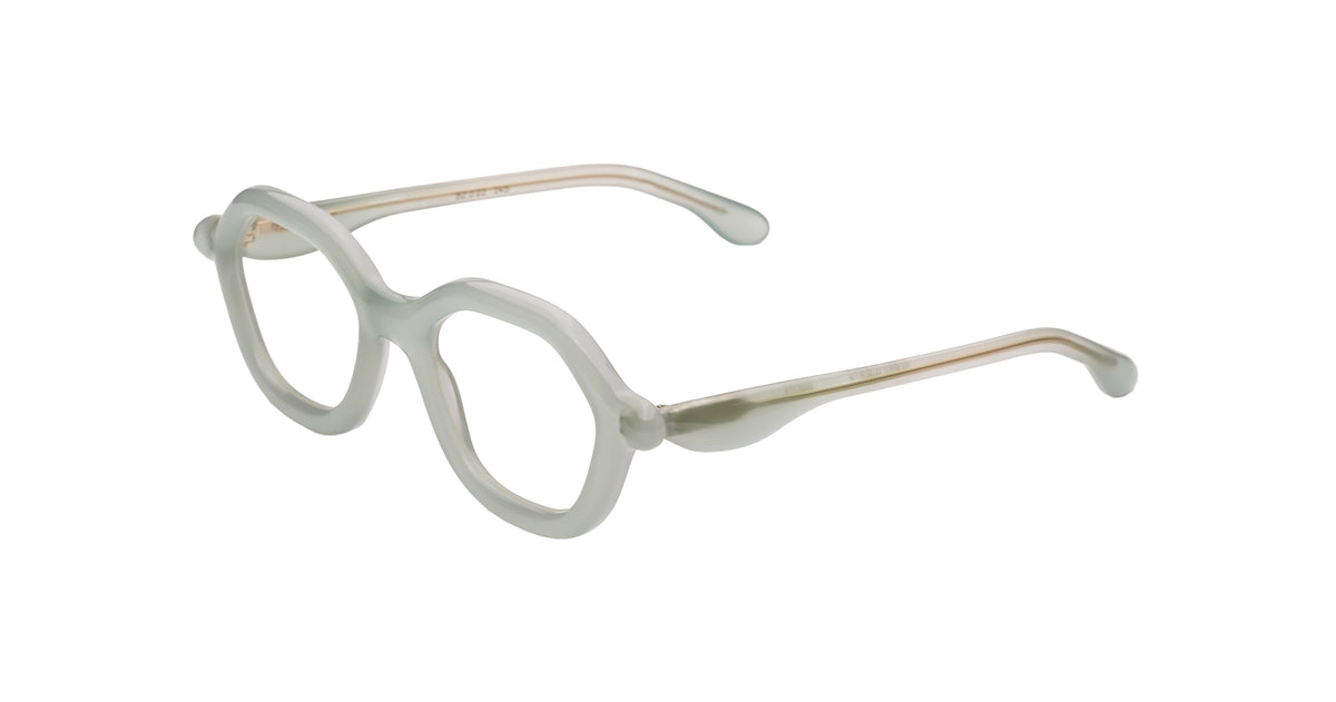 Angled view of the Paloceras Nouvelle Fiction C2 eyeglasses in a pale green