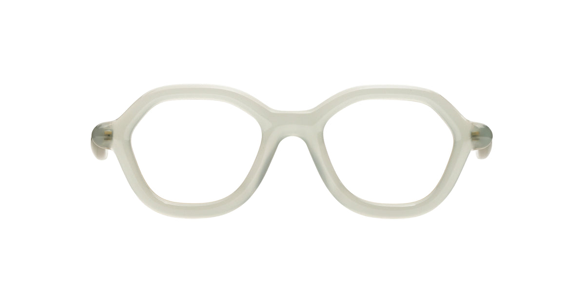 A pair of chunky pale green Paloceras eyeglass frames made of translucent pale green acetate, shown from the front