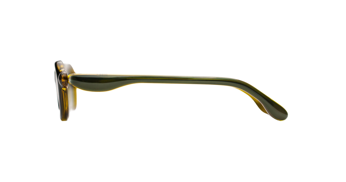 Paloceras Nouvelle Fiction S2 Wasabi Haze sunglasses in a translucent olive green frame with golden yellow highlights and slim curved temples, side view