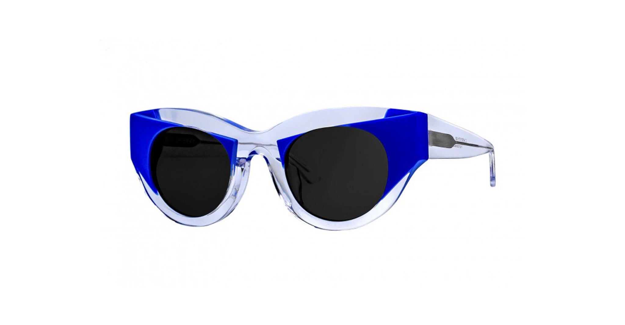 The Thierry Lasry Captivity sunglasses feature large, round black lenses in clear frames with bold blue accents along the top edge, a modern angular design, thick arms, and a glossy finish.