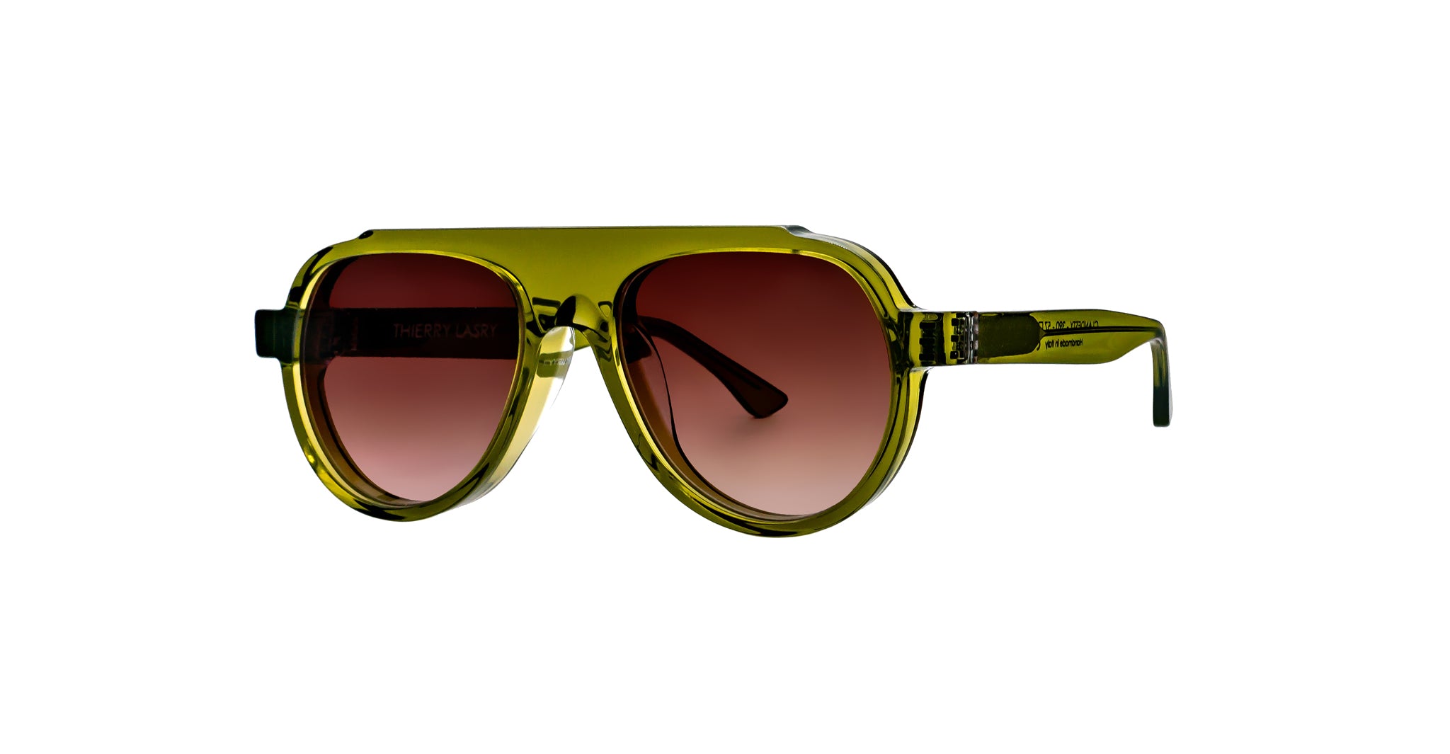 A pair of sunglasses with a translucent yellow-green frame and large, rounded, reddish-brown gradient lenses. The temples are thick and the background is plain white.