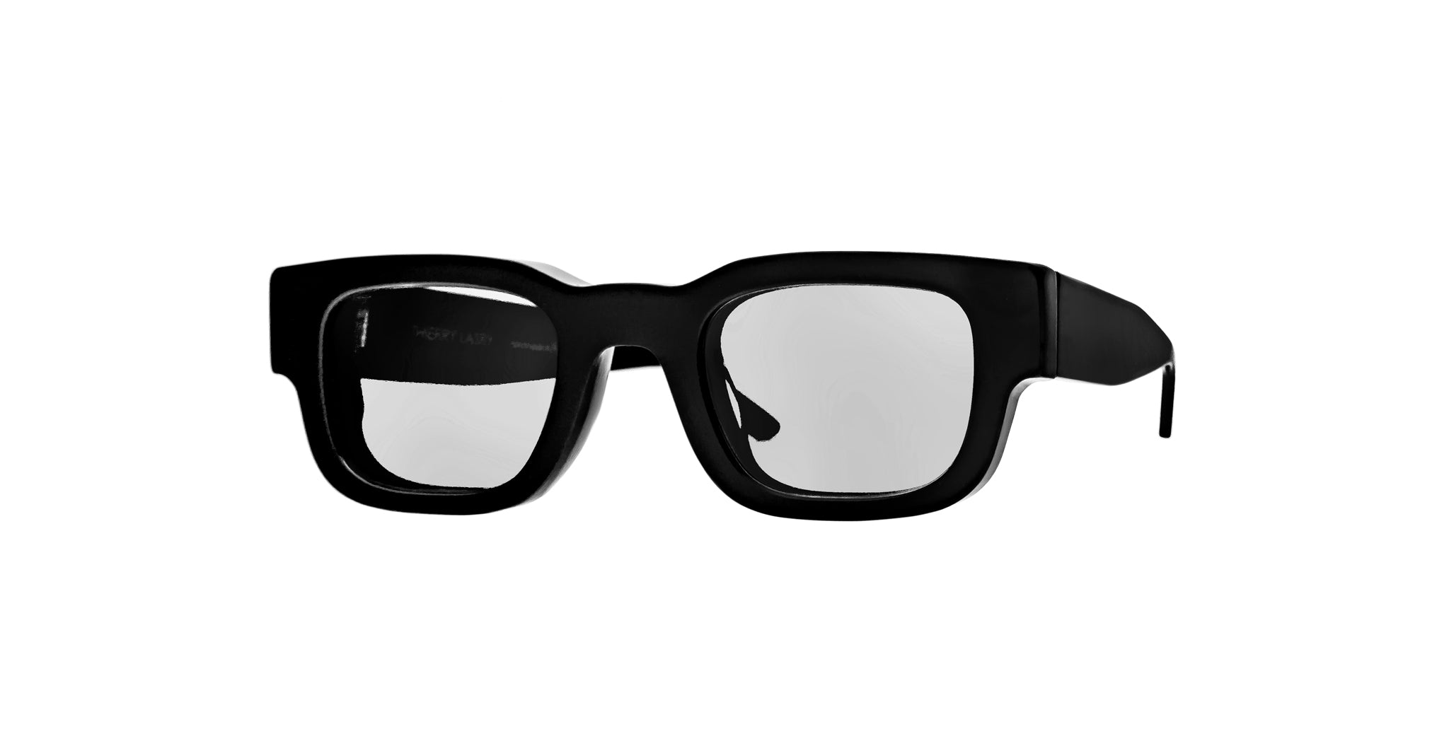 Thierry Lasry Foxxxy black square-frame eyeglasses with thick rims and clear lenses, front view.