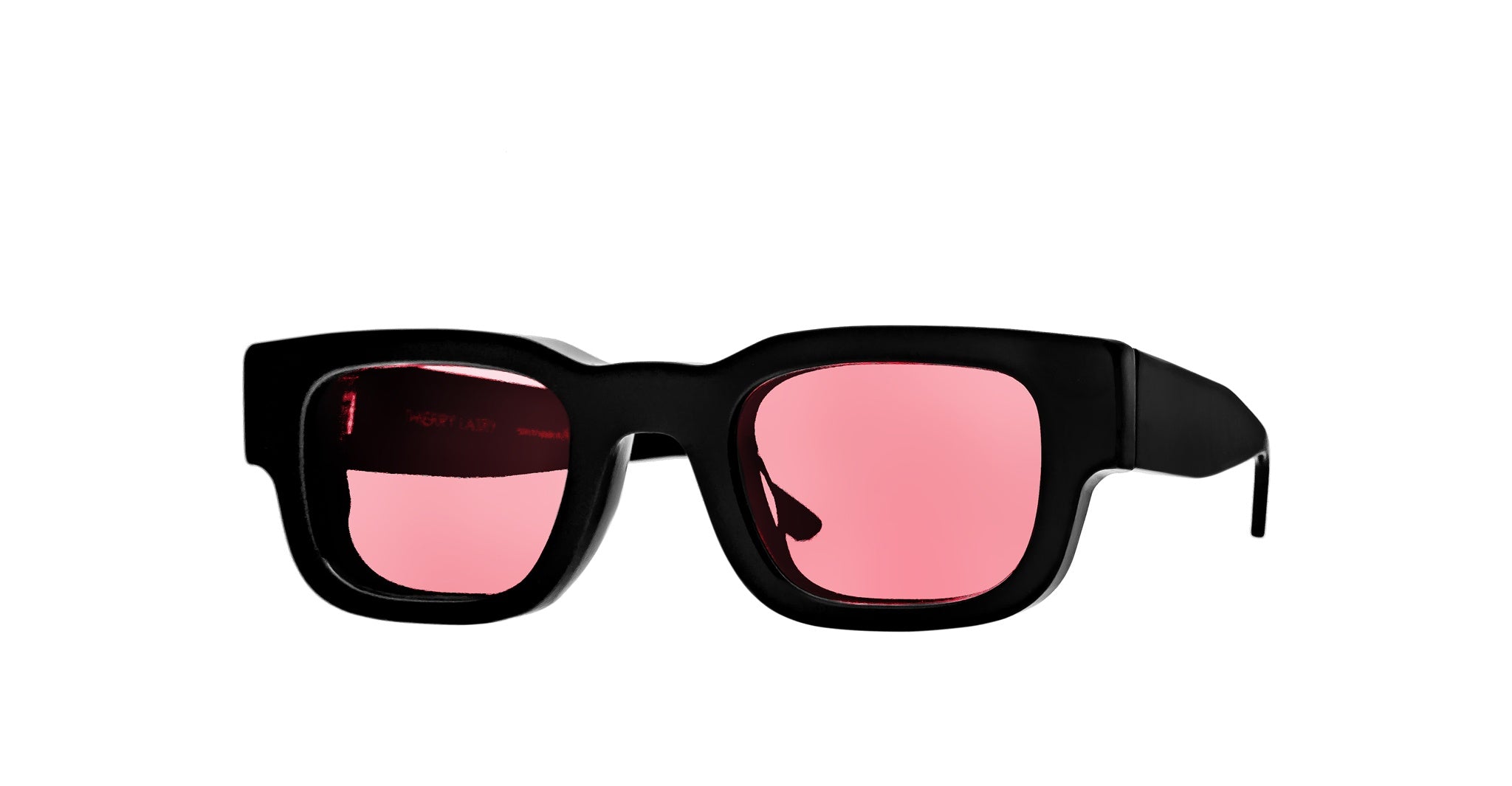 Thierry Lasry Foxxxy sunglasses with black square frames and pink tinted lenses, shown from a front angle.