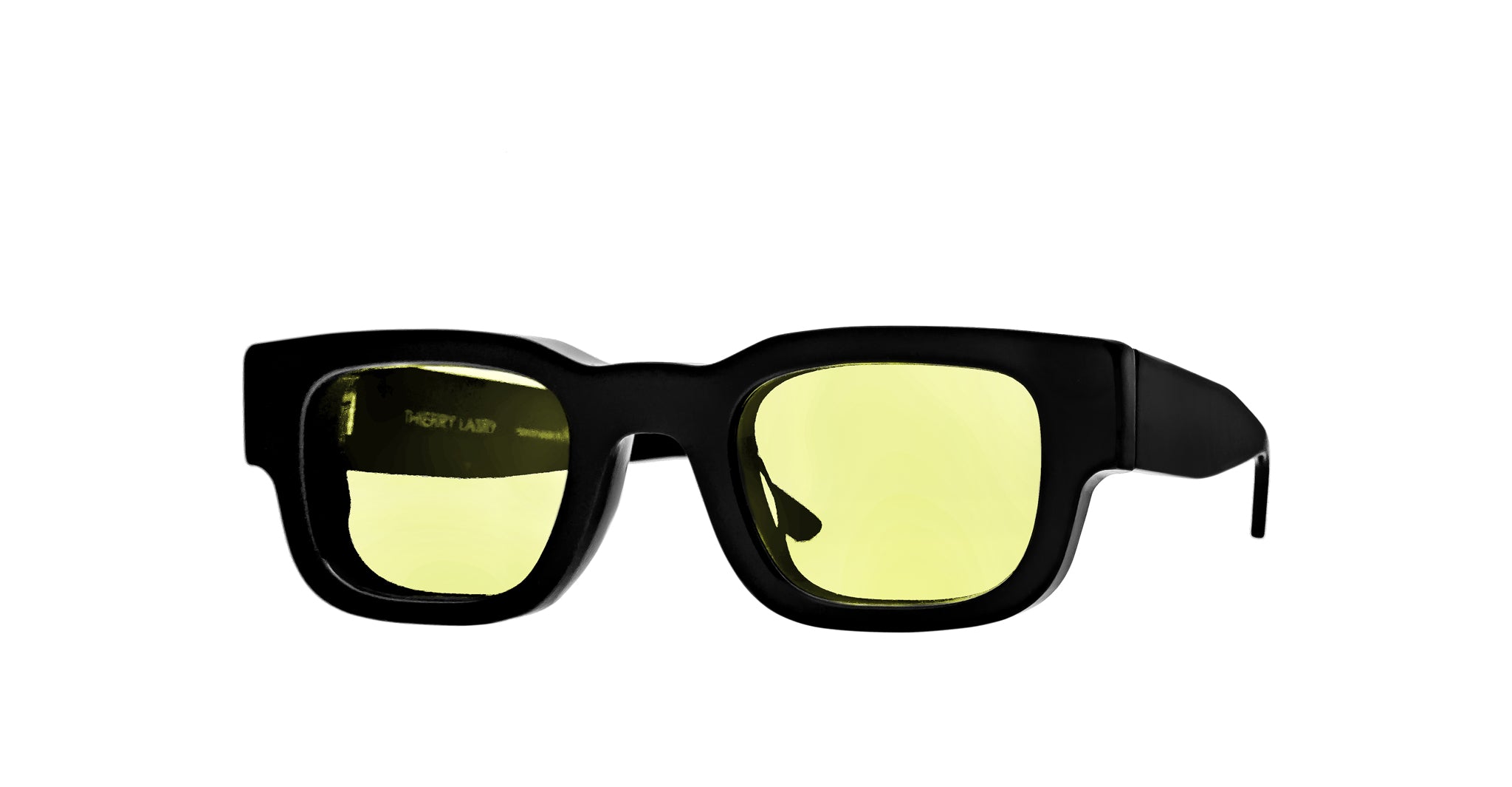 Thierry Lasry Foxxxy sunglasses, black rectangular frames, thick design, yellow UV lenses, front view.