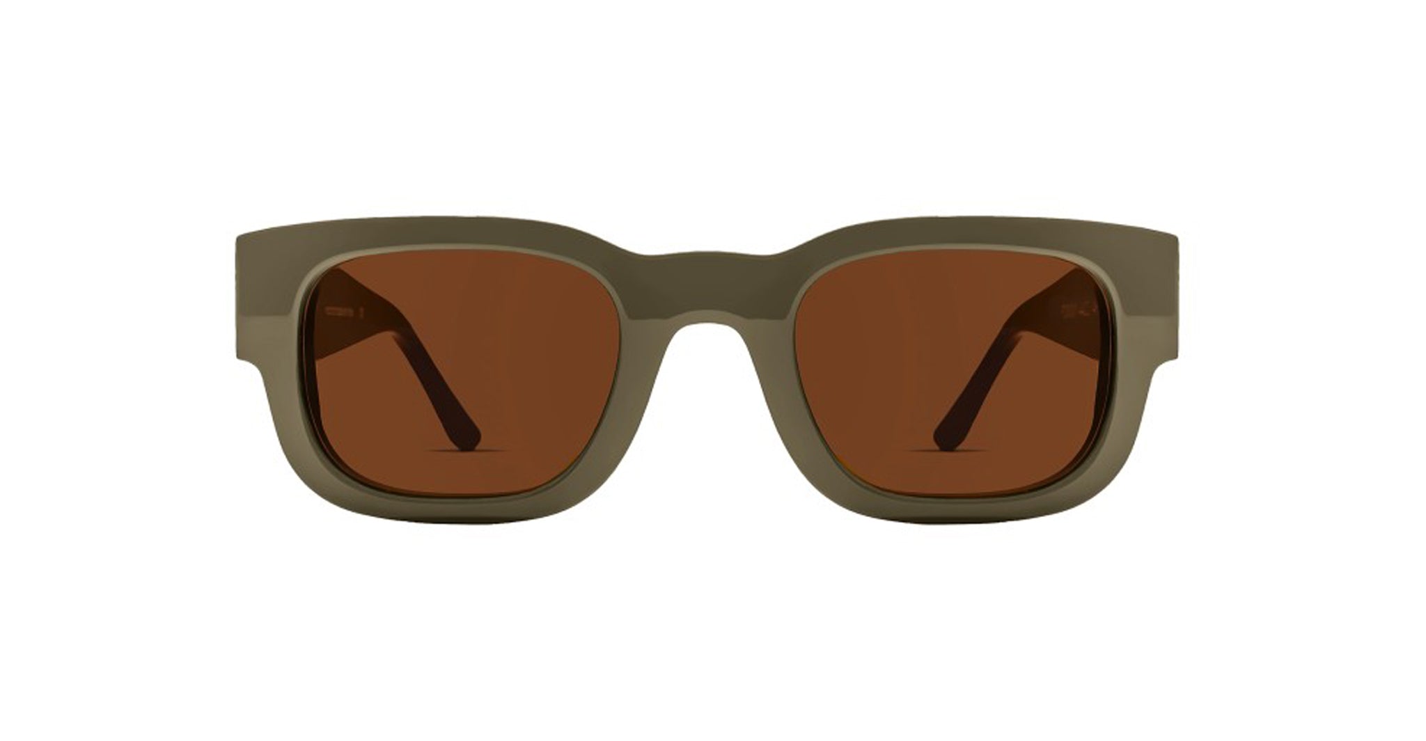 Thierry Lasry Foxxxy sunglasses with olive green rectangular frames and polarized brown lenses, shown from a front angle.
