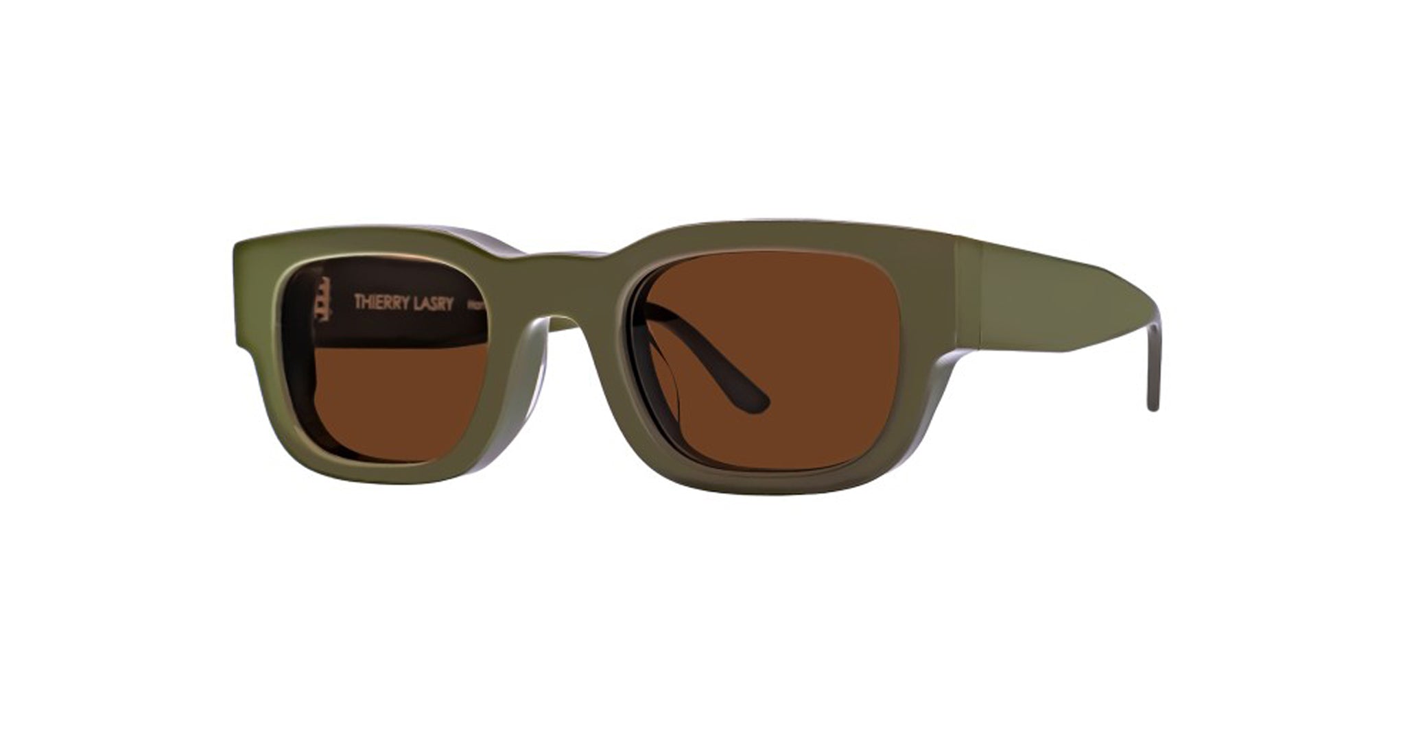 Thierry Lasry Foxxxy olive green sunglasses with thick frames and UV-protected brown lenses, front view.