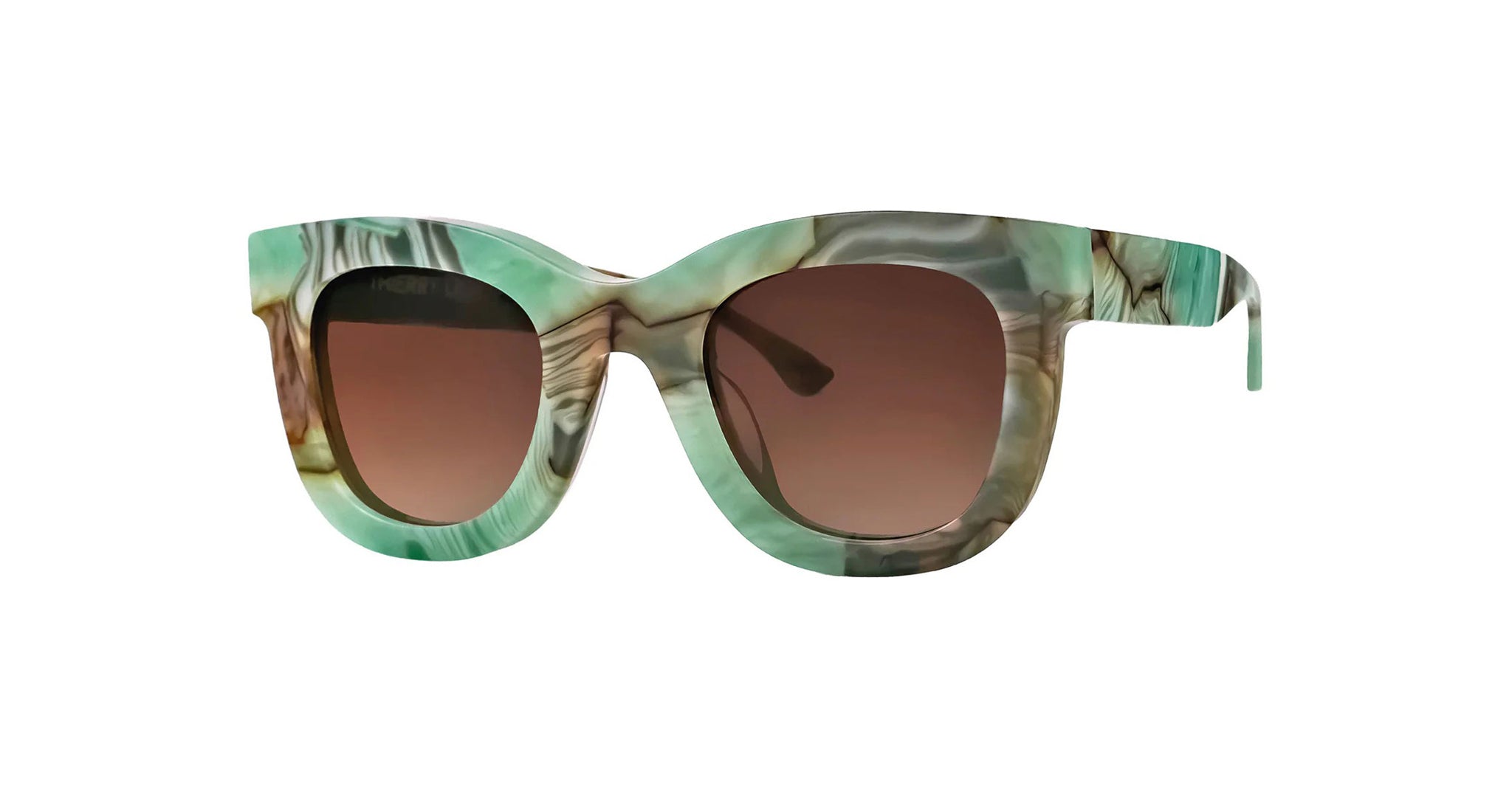 Green and brown marbled, cat-eye style sunglasses with dark gradient lenses, displayed on a white background.