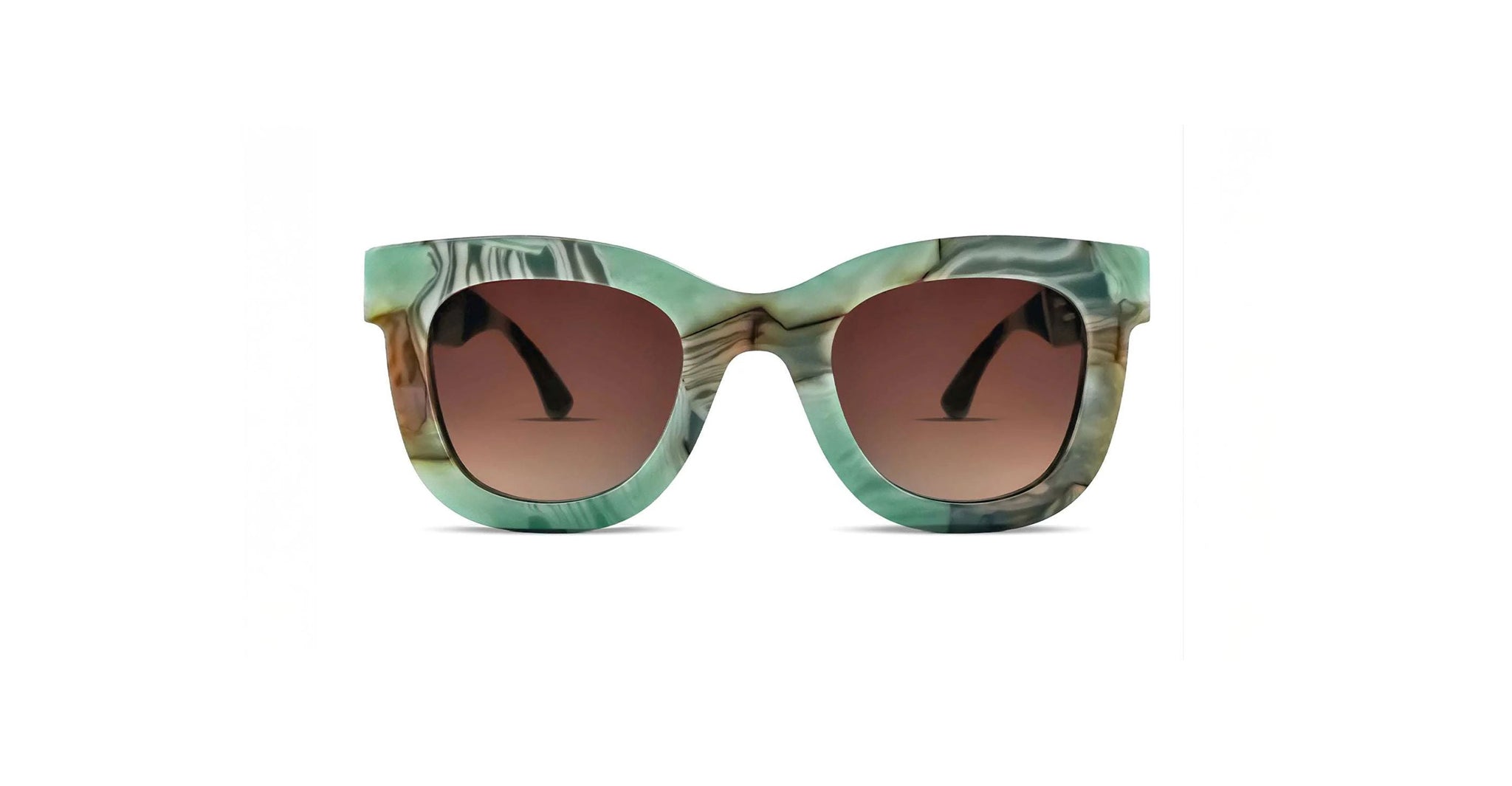 Front view of oversized sunglasses with green and beige marbled frames and large, brown gradient lenses against a white background.