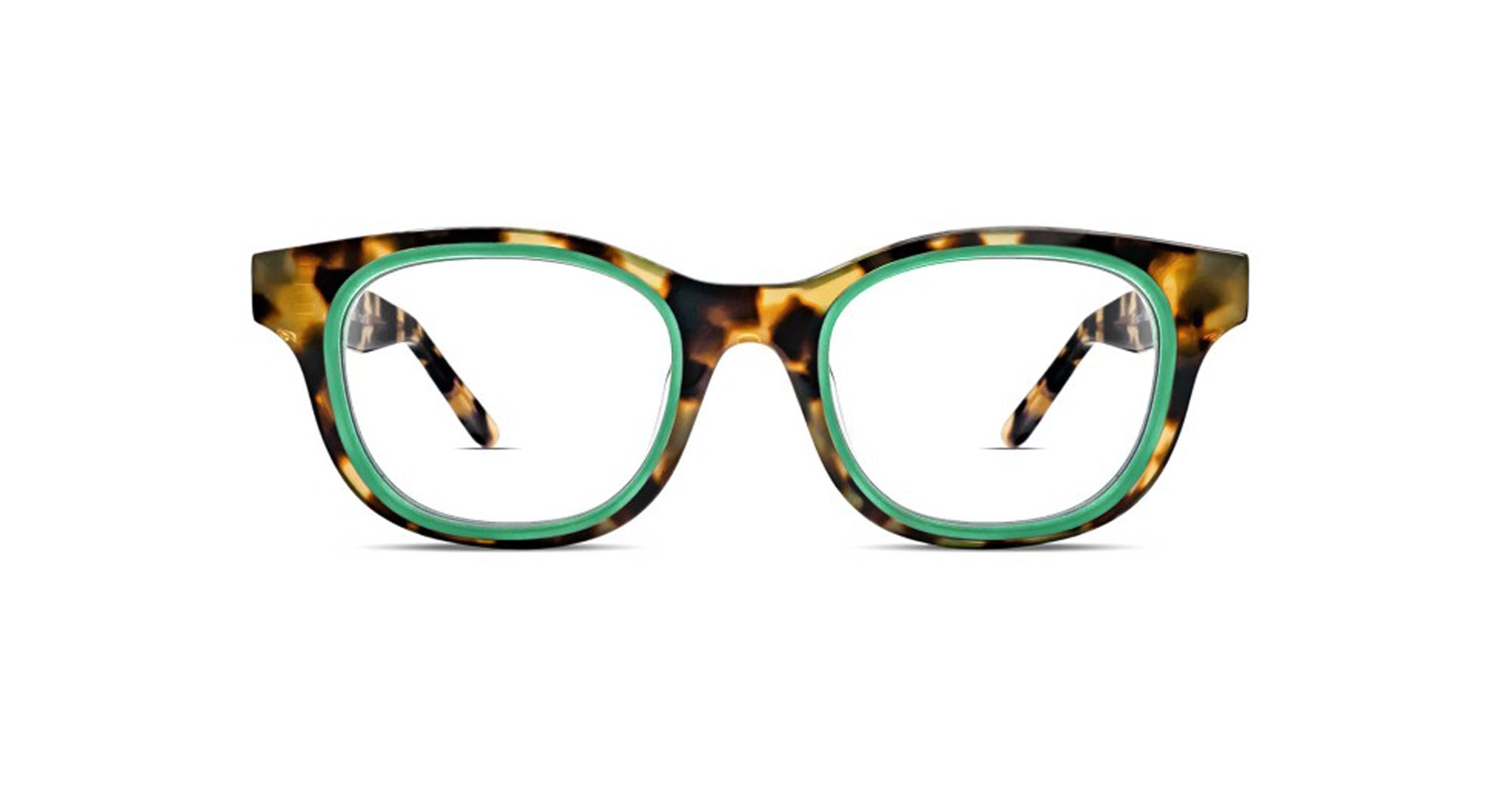 The Thierry Lasry Tyranny features thick tortoiseshell frames with a subtle green outline around the lenses and matching tortoiseshell temples, shown against a white background.