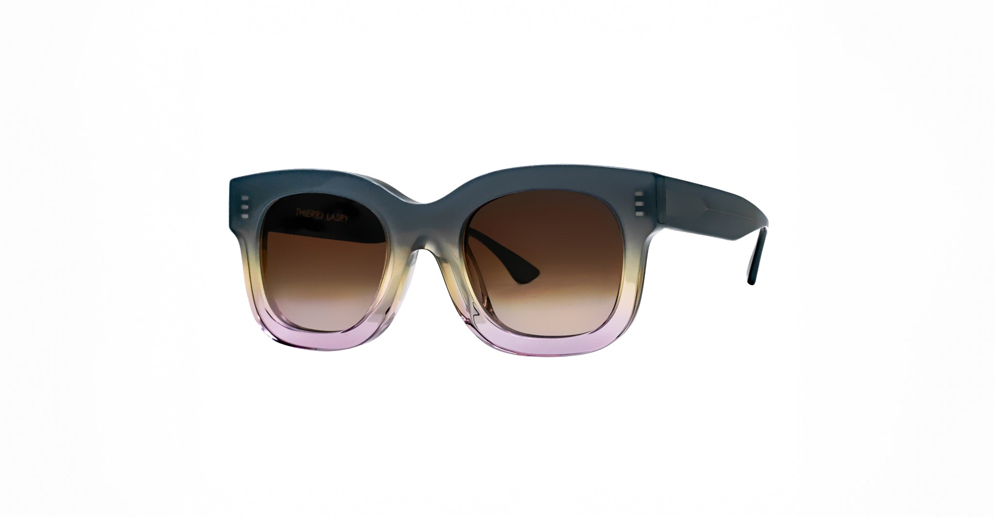 Thierry Lasry Unicorny sunglasses feature square-shaped frames with a thick gradient design fading from dark gray to light pink and brown tinted lenses.