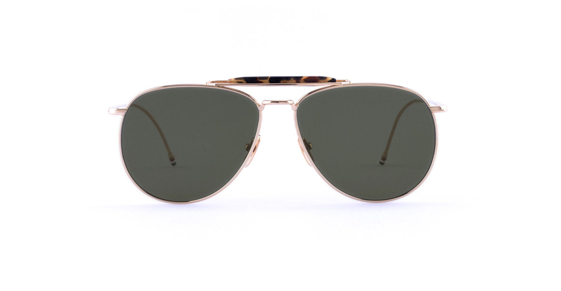 Thom Browne 015 aviator sunglasses, gold frames, dark lenses, front angle view.