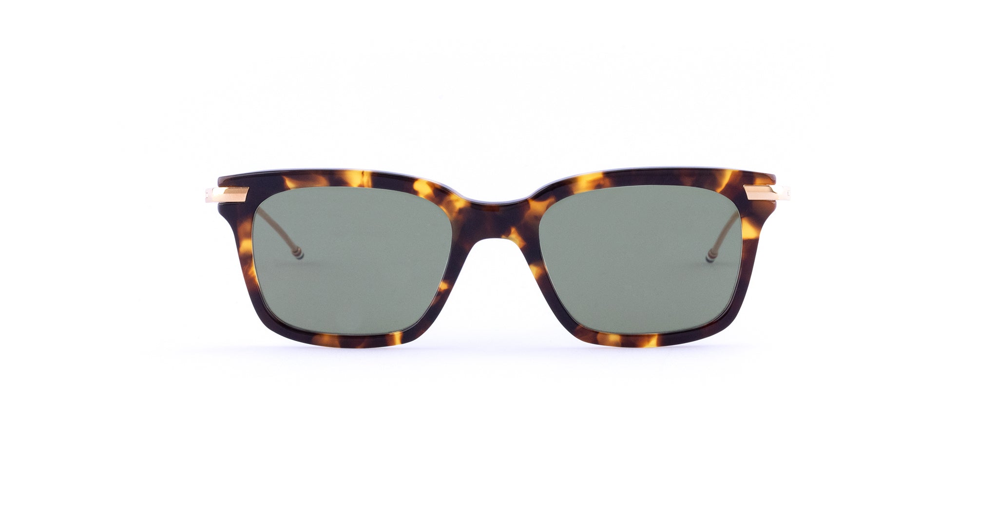 Thom Browne 701 tortoiseshell rectangular polarized sunglasses with green lenses, front view.