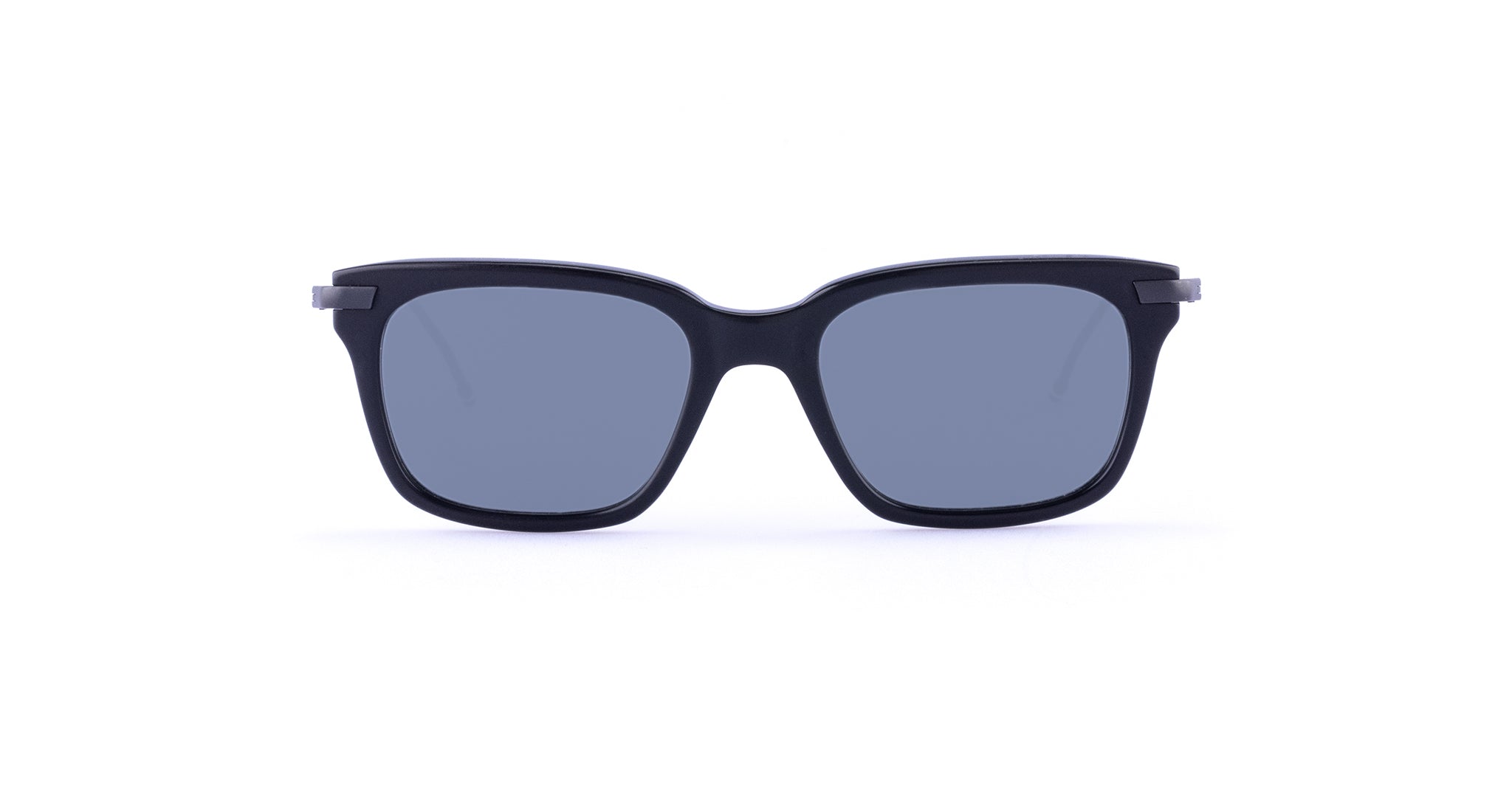 Thom Browne 701 rectangular black sunglasses with dark lenses, front view.
