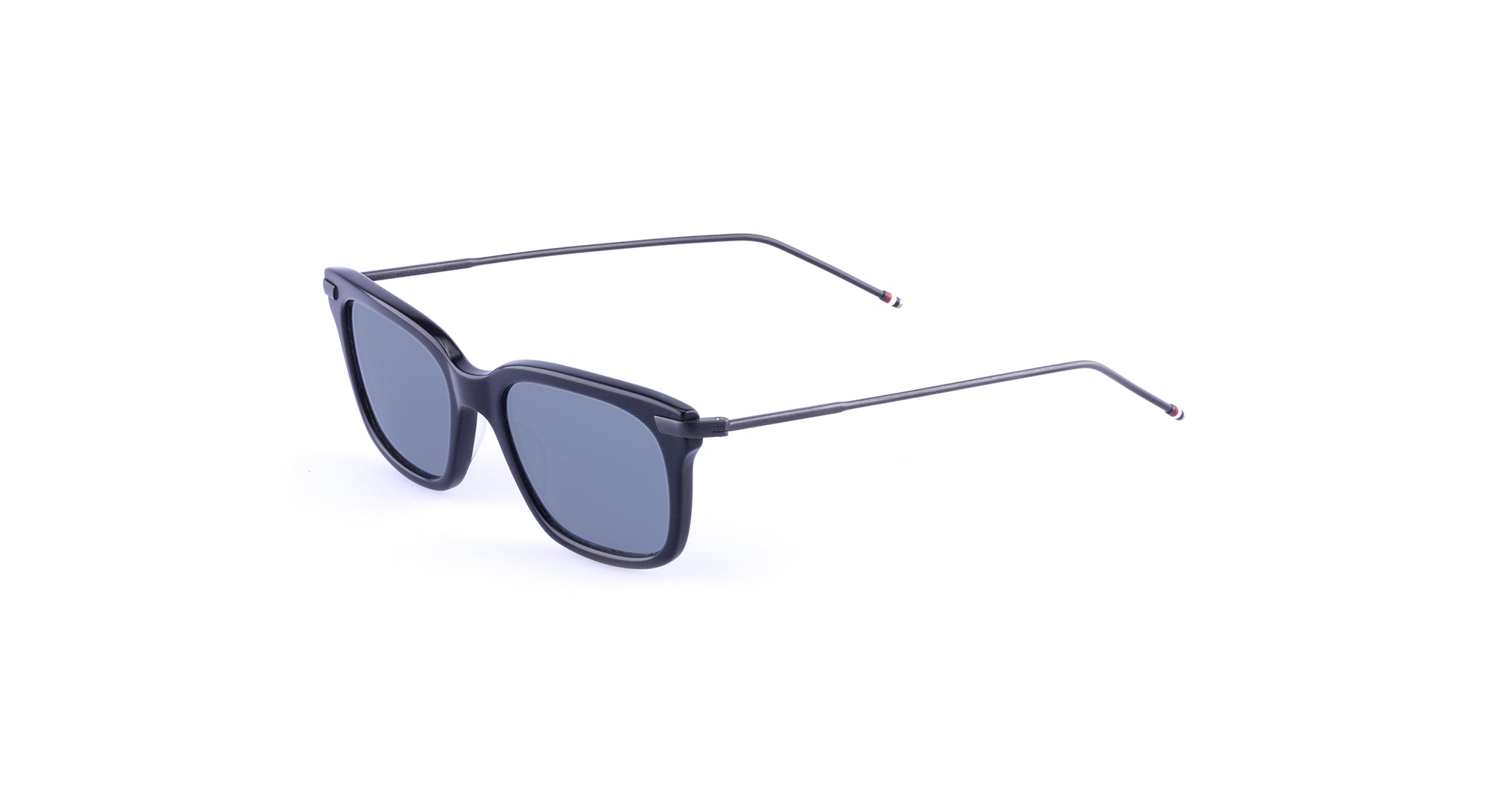 Thom Browne 701 black square-framed polarized sunglasses with dark lenses, displayed at an angled view.
